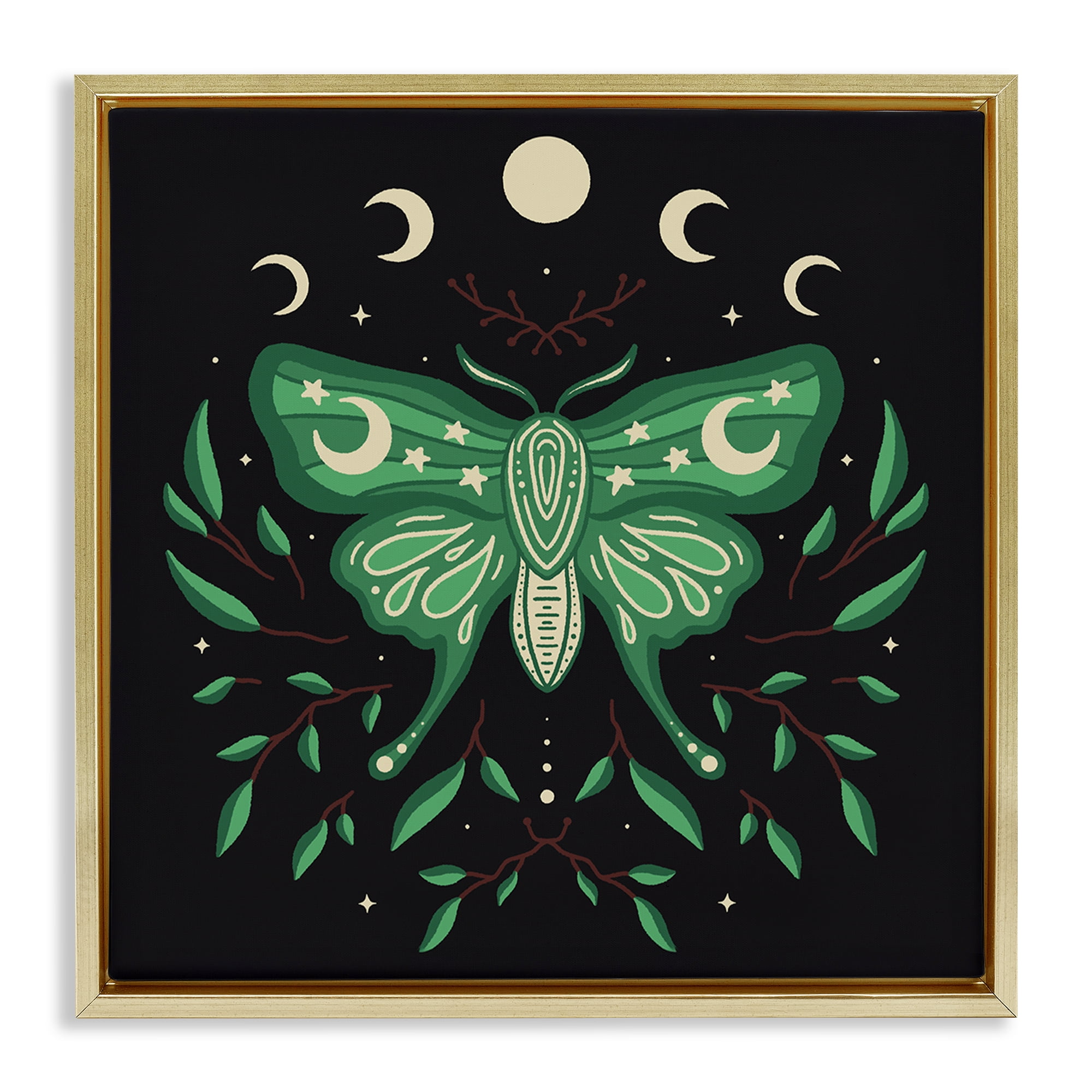 Stupell Industries Celestial Moth & Botanicals Animals Painting Gold Floater Framed Canvas Art Print Wall Art, 18 x 18