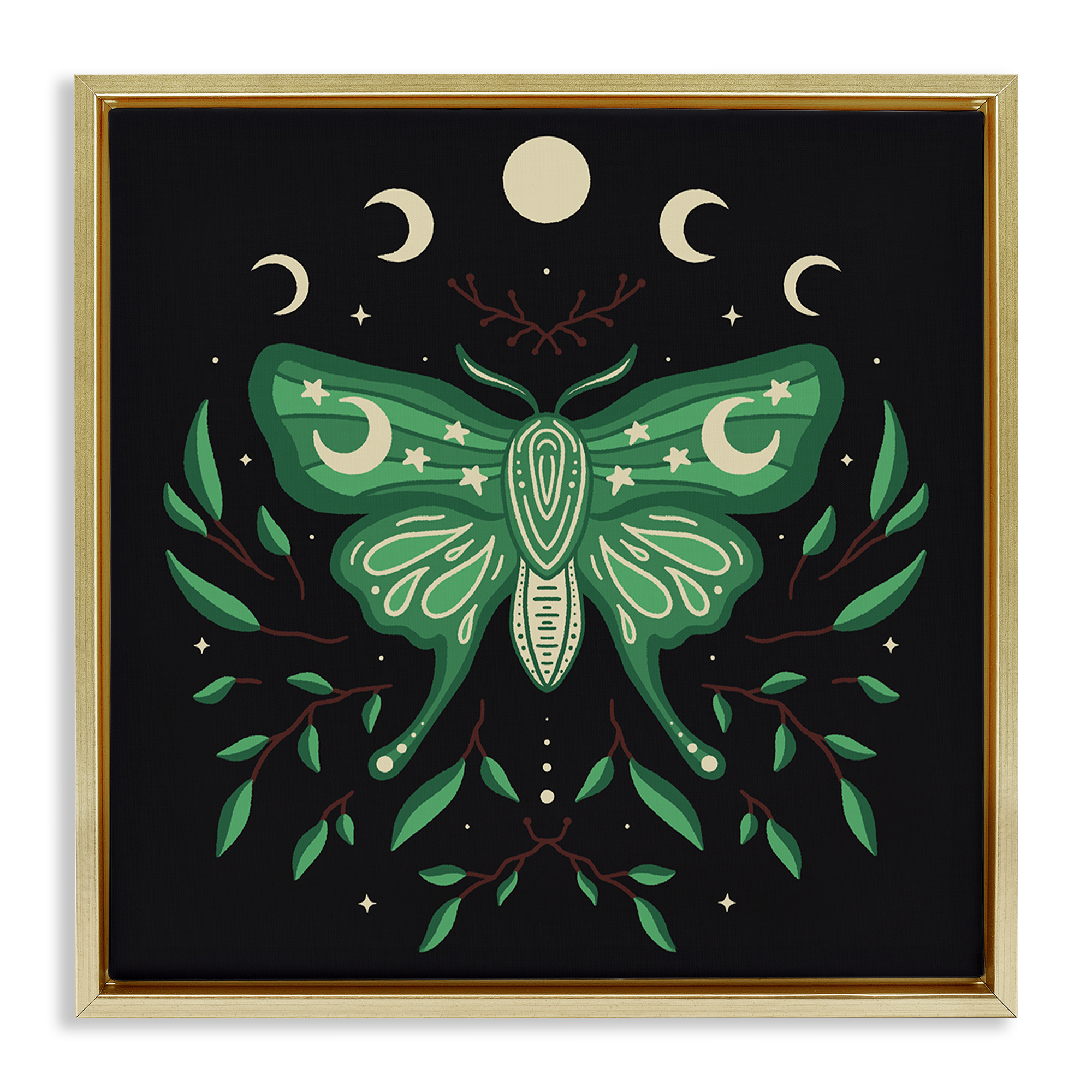 Stupell Industries Celestial Moth & Botanicals Animals Painting Gold Floater Framed Canvas Art Print Wall Art, 25 x 25