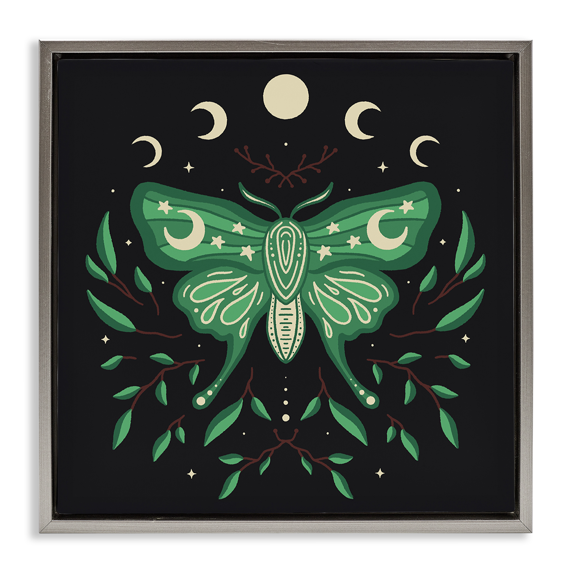Stupell Industries Celestial Moth & Botanicals Animals Painting Gray Floater Framed Canvas Art Print Wall Art, 25 x 25