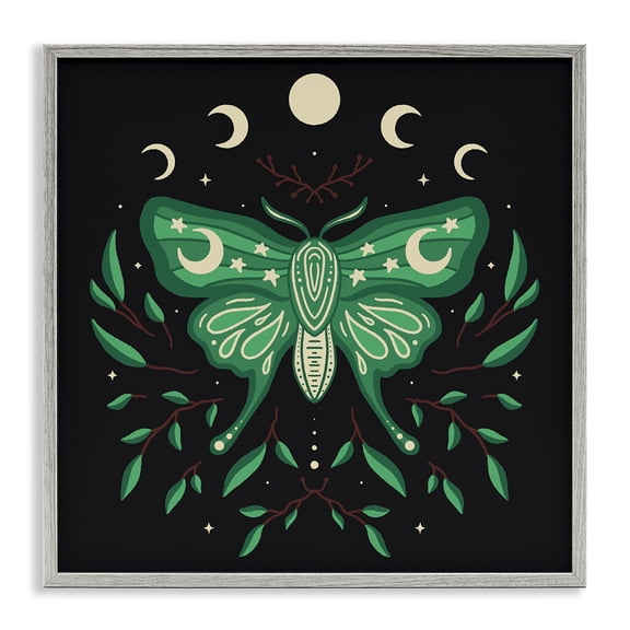 Stupell Industries Celestial Moth & Botanicals Animals Painting Gray Framed Art Print Wall Art, 24 x 24