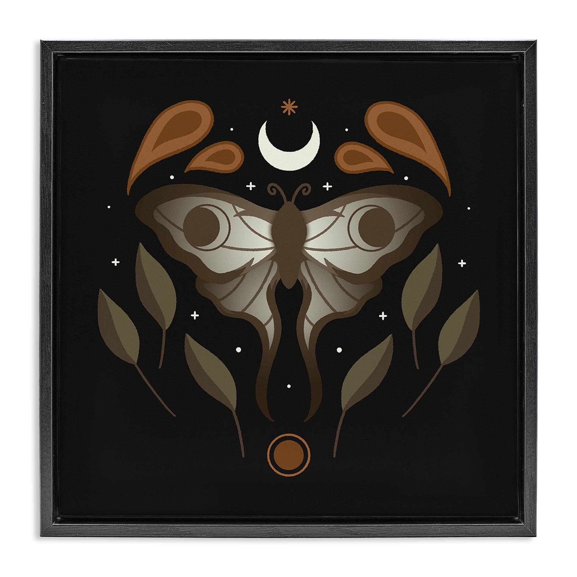Stupell Industries Celestial Moth & Leaf Sprigs Animals Painting Black Floater Framed Canvas Art Print Wall Art, 25 x 25