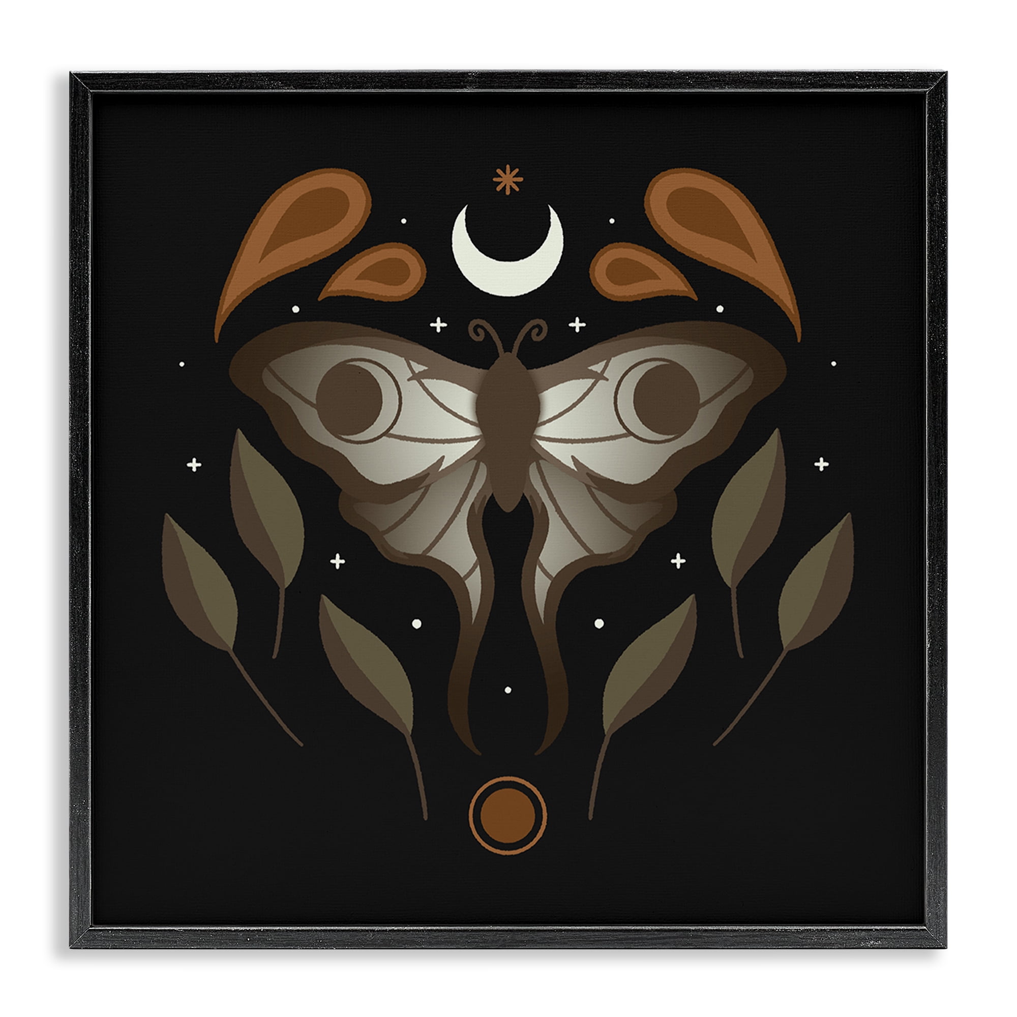 Stupell Industries Celestial Moth & Leaf Sprigs Animals Painting Black Framed Art Print Wall Art, 24 x 24