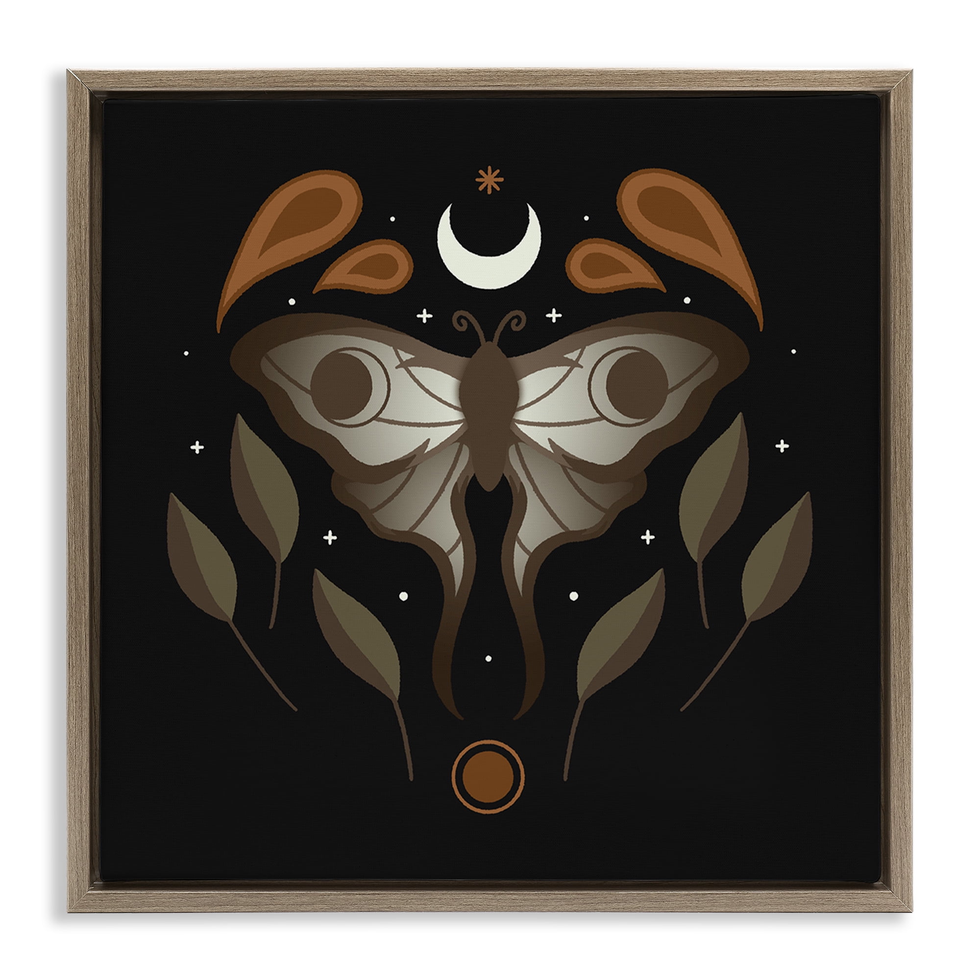 Stupell Industries Celestial Moth & Leaf Sprigs Animals Painting Brown Floater Framed Canvas Art Print Wall Art, 18 x 18
