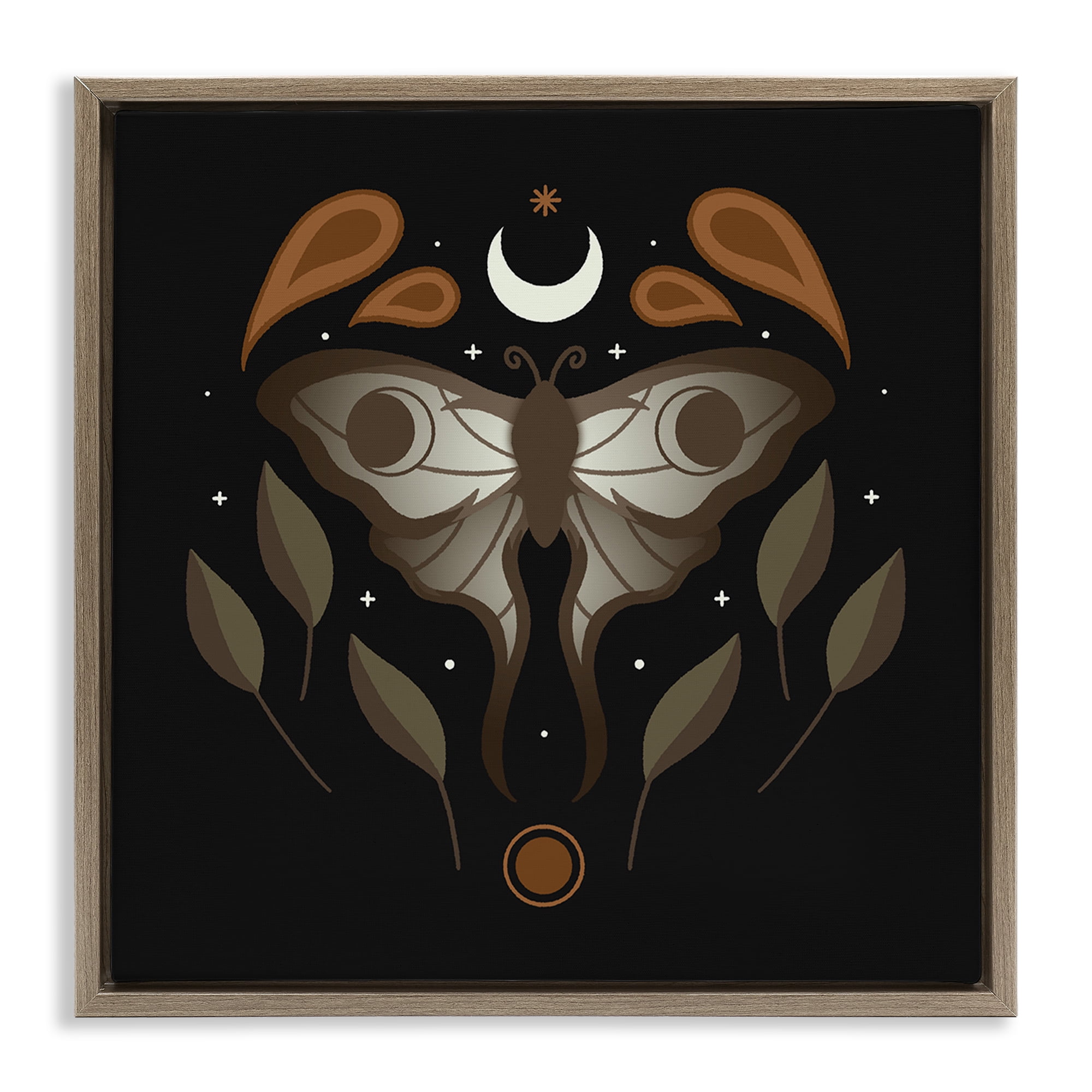 Stupell Industries Celestial Moth & Leaf Sprigs Animals Painting Brown Floater Framed Canvas Art Print Wall Art, 25 x 25
