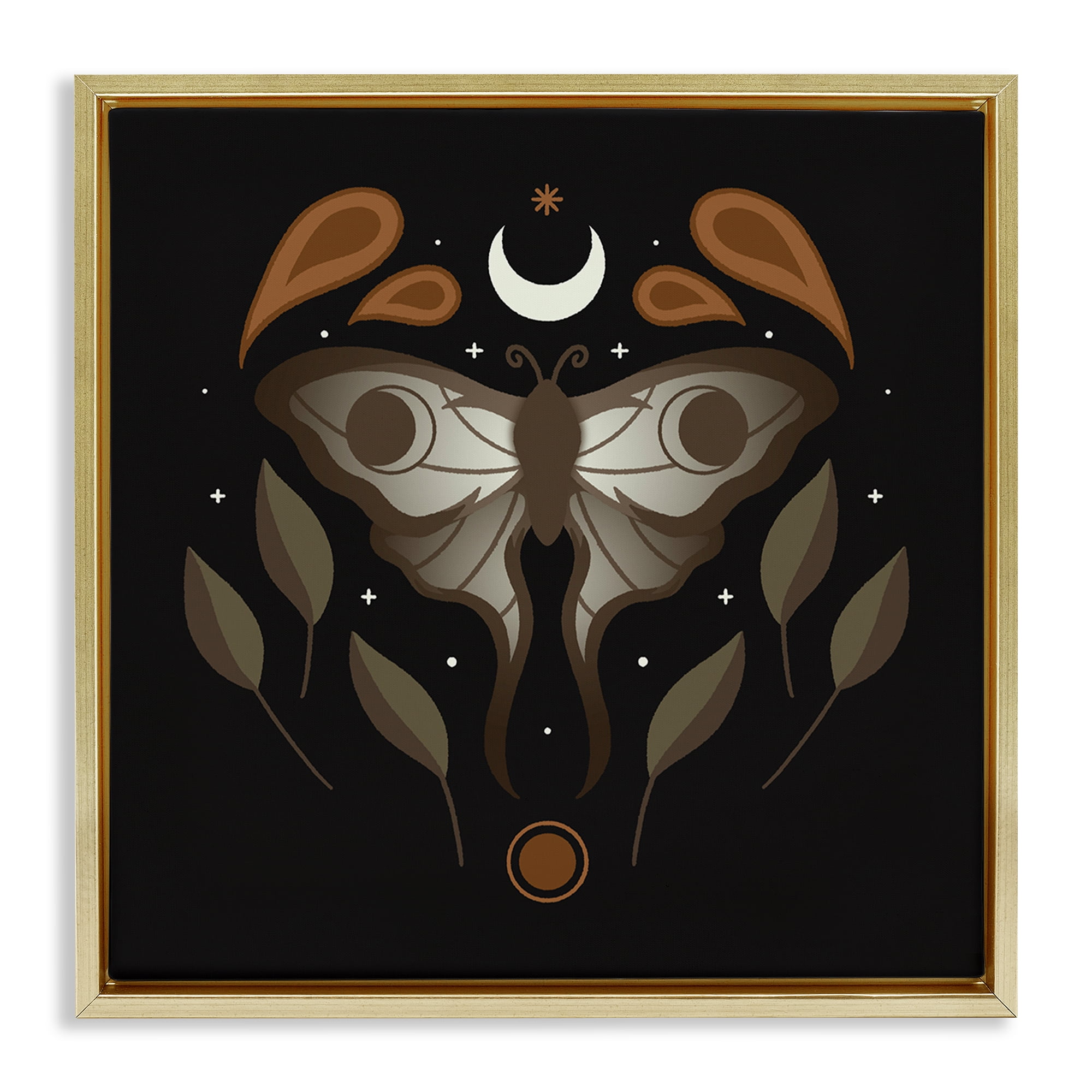Stupell Industries Celestial Moth & Leaf Sprigs Animals Painting Gold Floater Framed Canvas Art Print Wall Art, 18 x 18