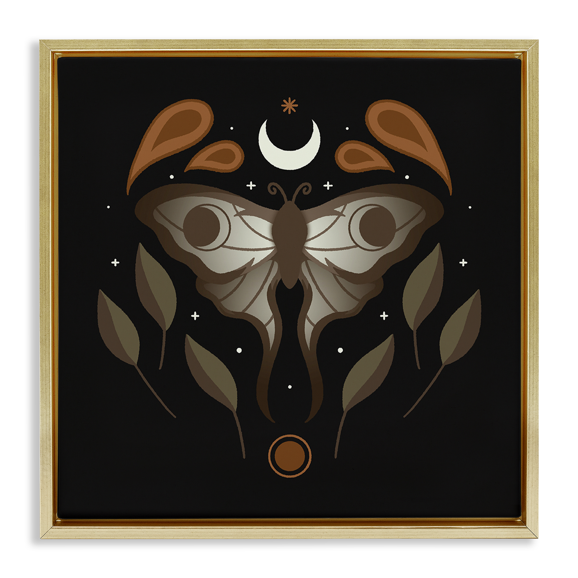 Stupell Industries Celestial Moth & Leaf Sprigs Animals Painting Gold Floater Framed Canvas Art Print Wall Art, 25 x 25