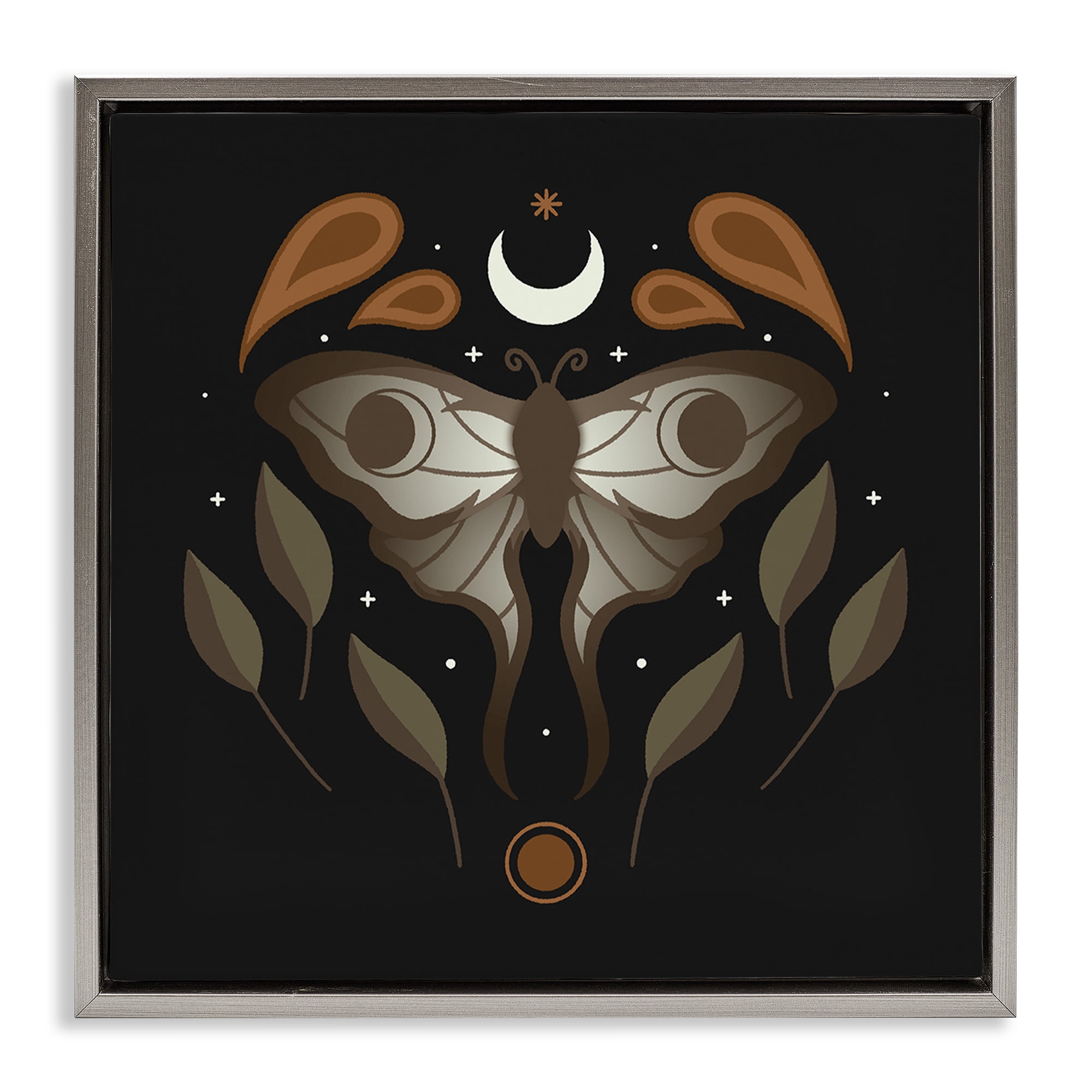 Stupell Industries Celestial Moth & Leaf Sprigs Animals Painting Gray Floater Framed Canvas Art Print Wall Art, 25 x 25