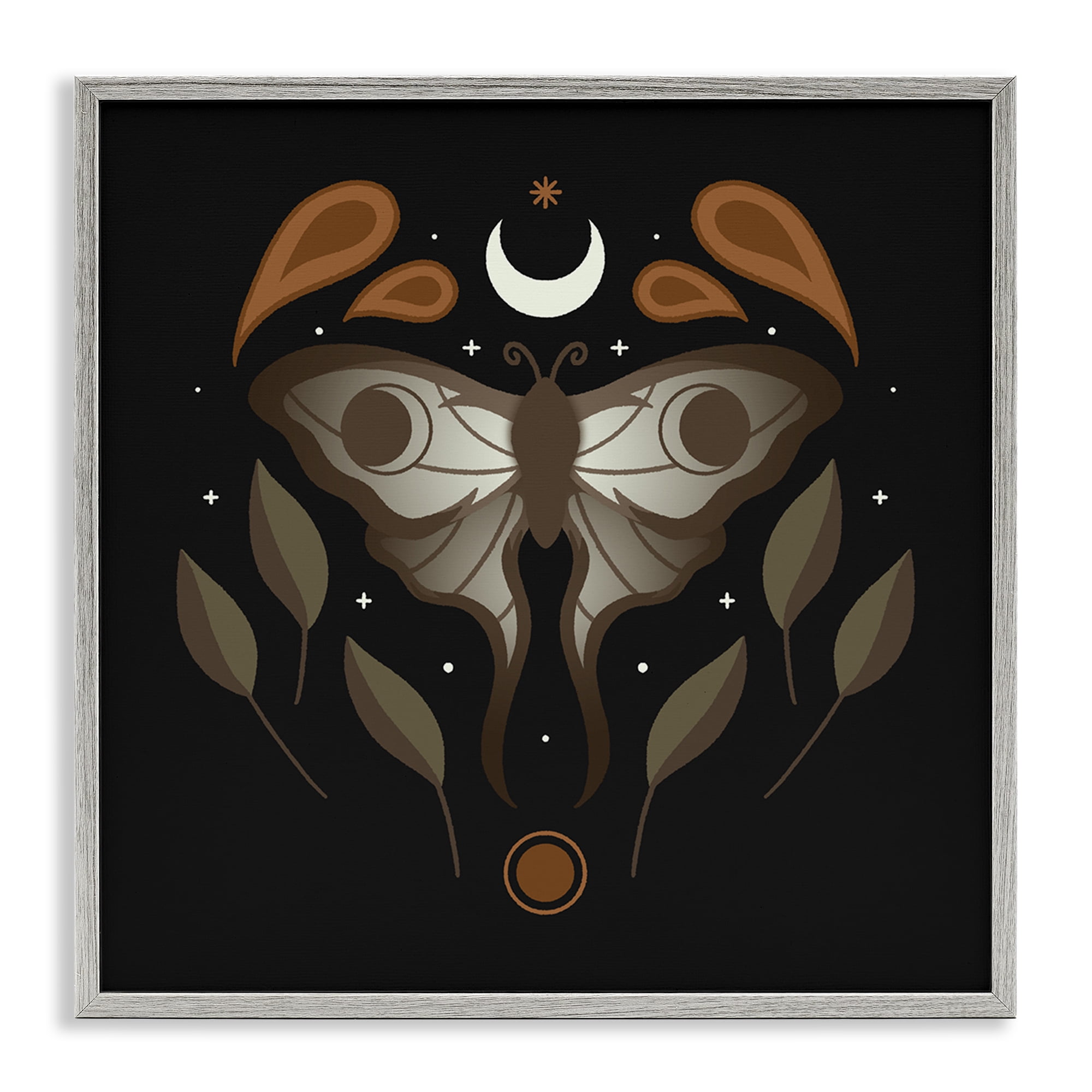 Stupell Industries Celestial Moth & Leaf Sprigs Animals Painting Gray Framed Art Print Wall Art, 12 x 12