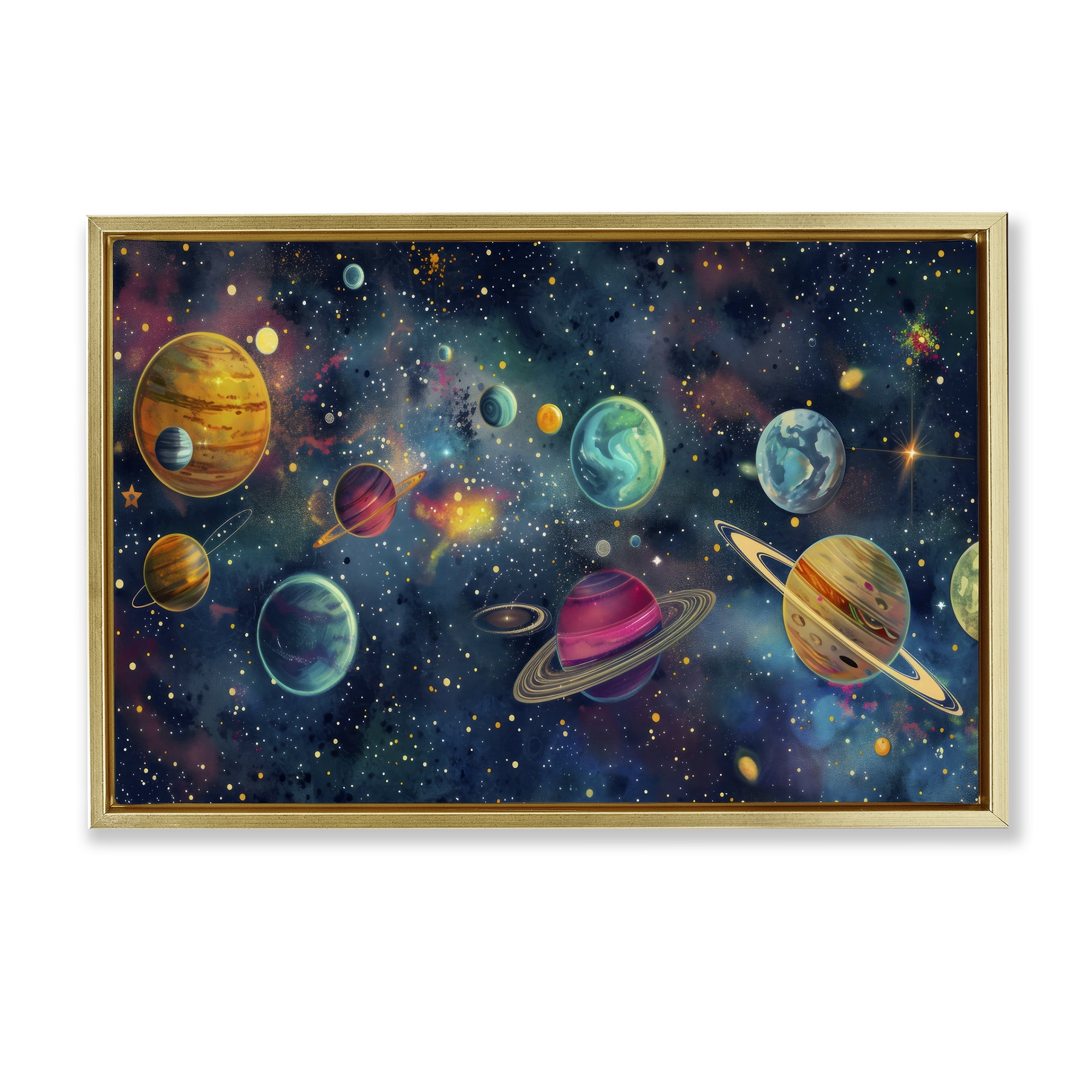 Stupell Industries Celestial Planetary Parade Gold Framed Floater Canvas Wall Art, design by Creative Studio