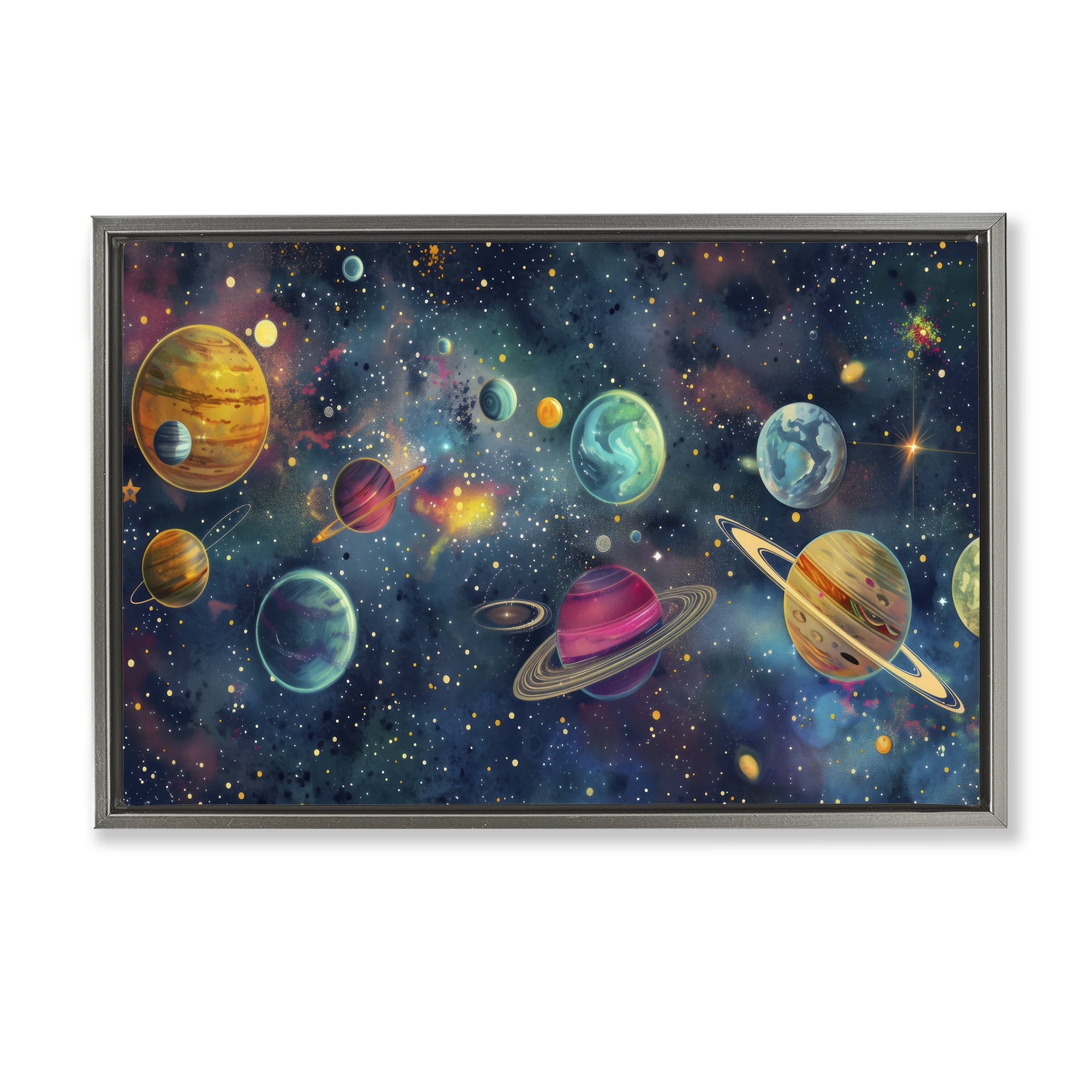 Stupell Industries Celestial Planetary Parade Gray Framed Floater Canvas Wall Art, design by Creative Studio