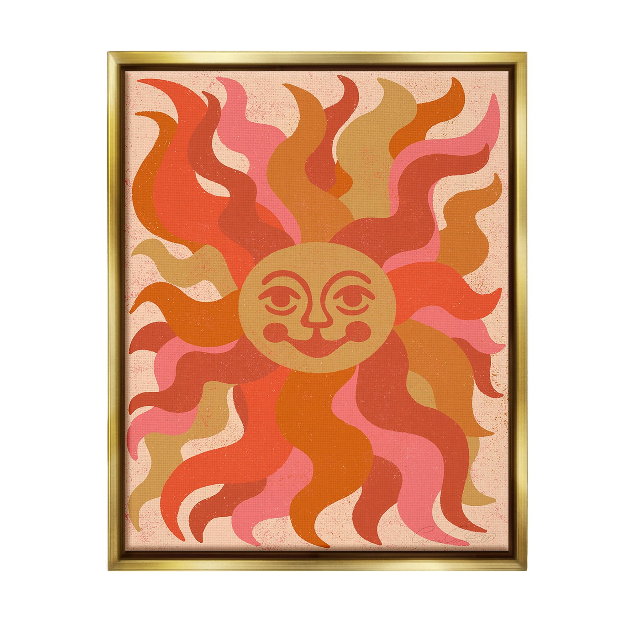 Stupell Industries Celestial Smiling Sun Landscape Painting Gold Floater Framed Canvas Art Print Wall Art, 17 x 21