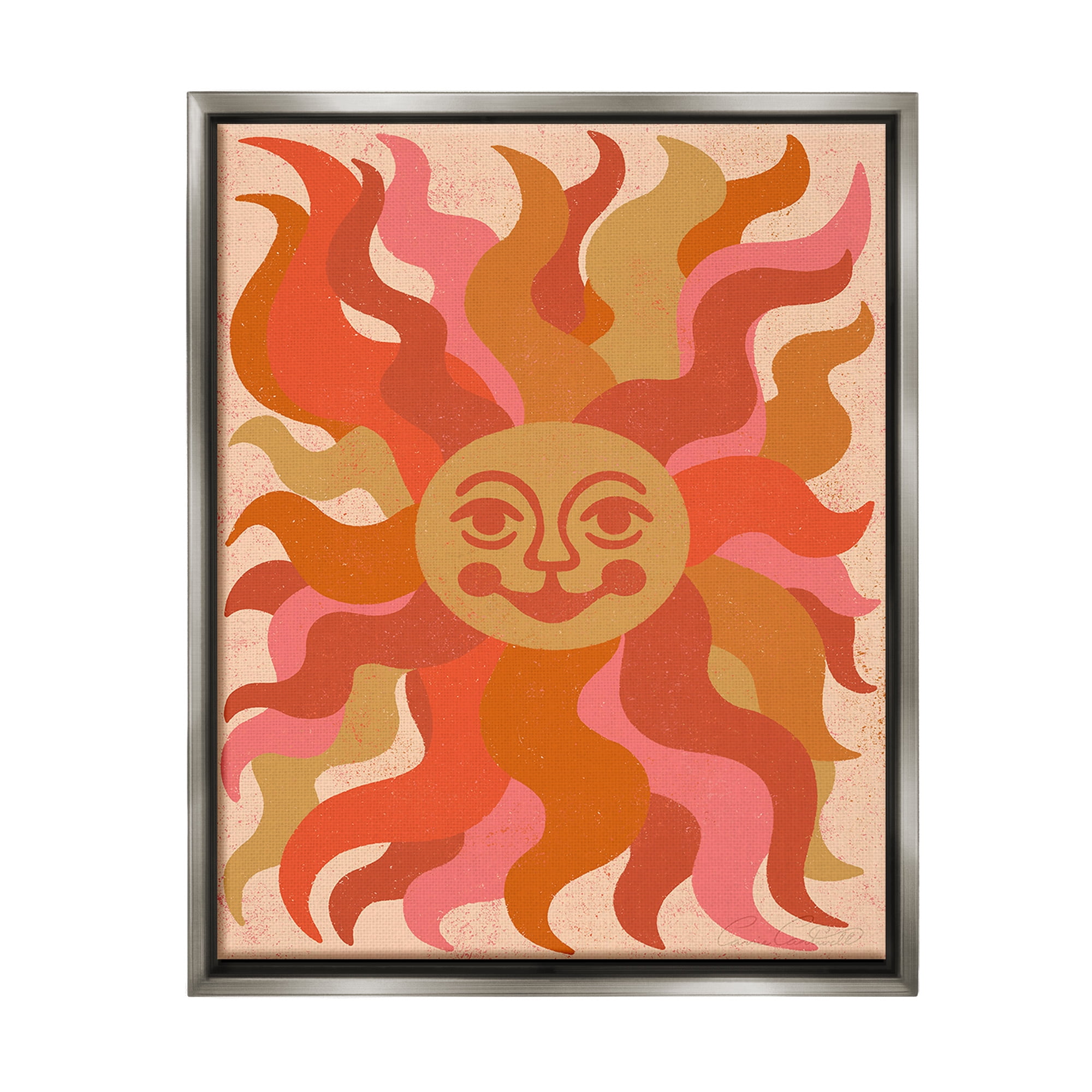 Stupell Industries Celestial Smiling Sun Landscape Painting Gray Floater Framed Canvas Art Print Wall Art, 25 x 31
