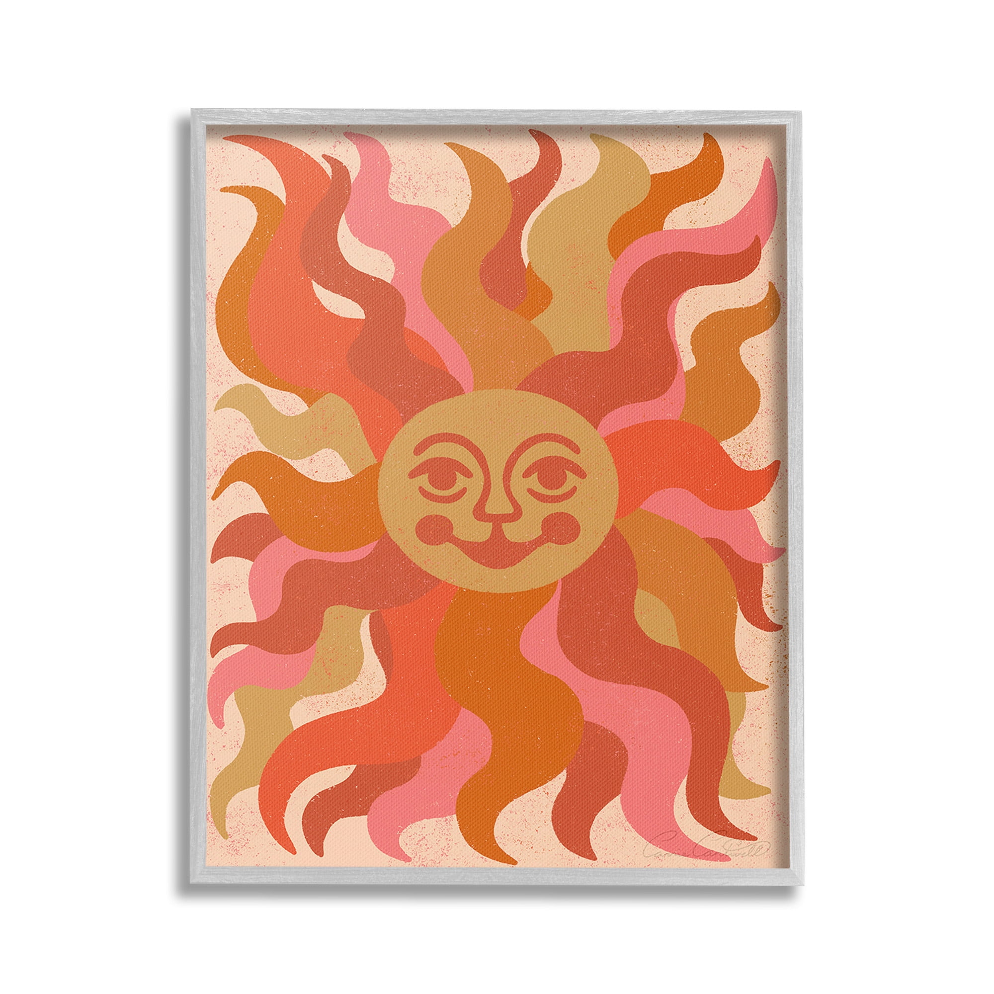 Stupell Industries Celestial Smiling Sun Landscape Painting Gray Framed Art Print Wall Art, 24 x 30