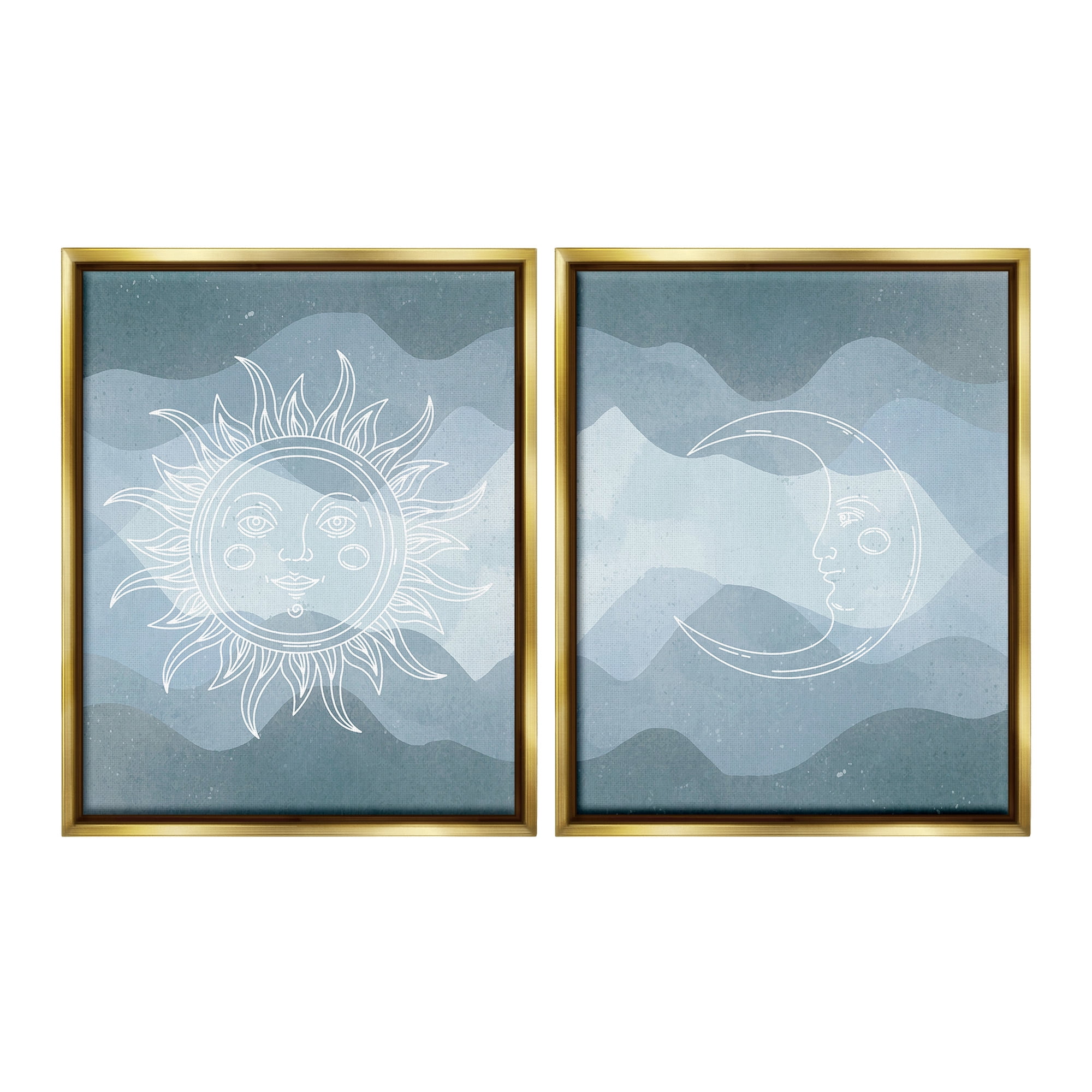 Stupell Industries Celestial Sun & Moon Landscape Painting Gold Floater Framed Canvas Art Print Wall Art, 17 x 21, Set of 2