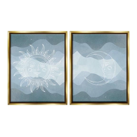 Stupell Industries Celestial Sun & Moon Landscape Painting Gold Floater Framed Canvas Art Print Wall Art, 25 x 31, Set of 2