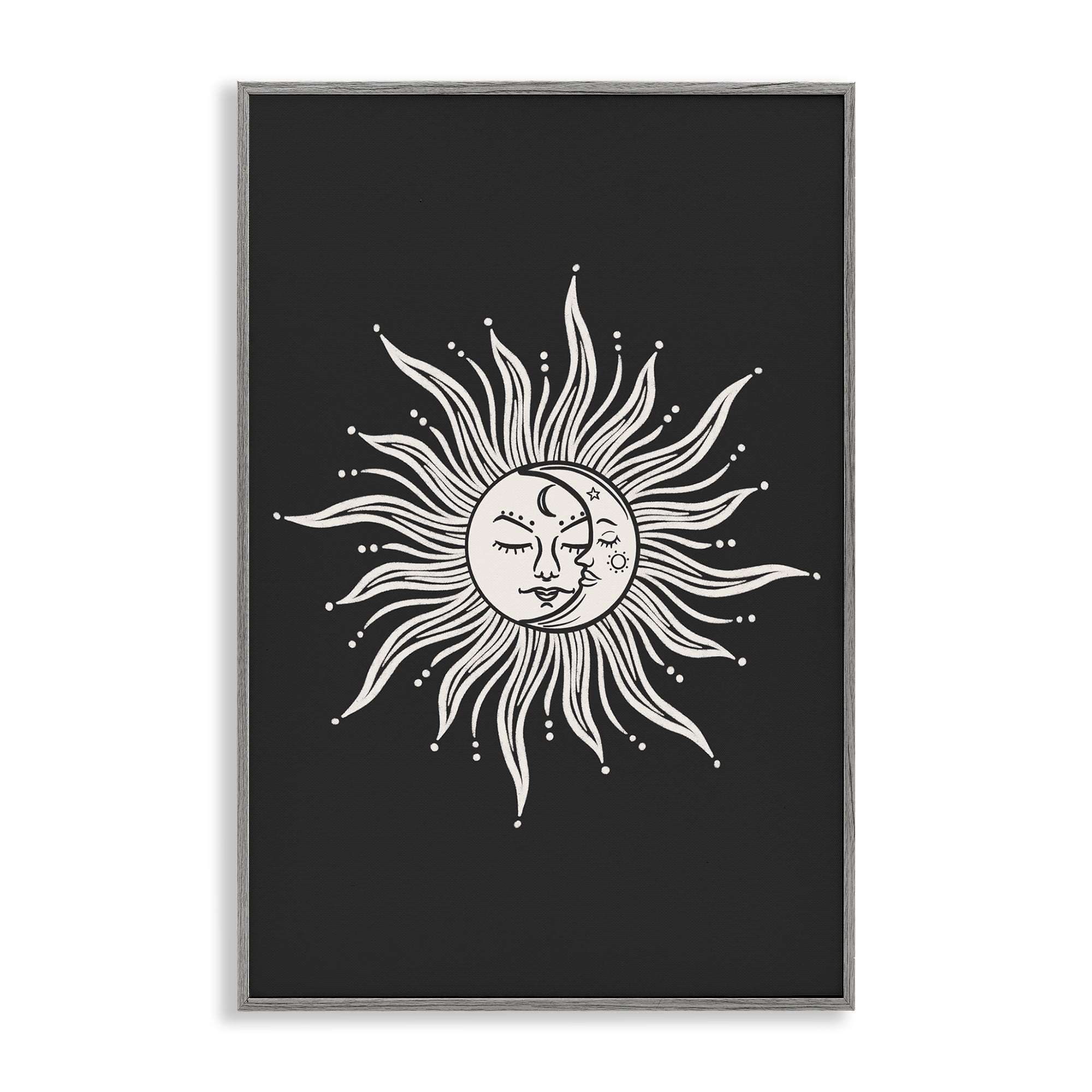 Stupell Industries Celestial Sun on Black Astrology & Stars Painting Gray Framed Art Print Wall Art, 16 x 24