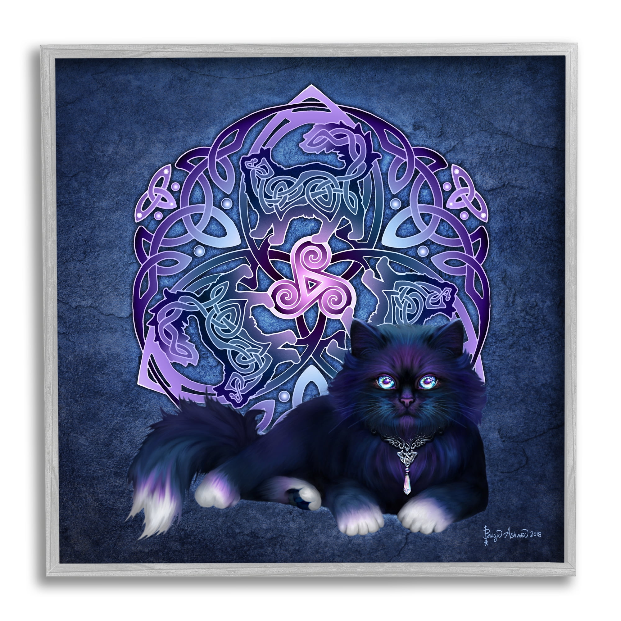 Stupell Industries Celtic Black Cat Fractal Animals & Insects Painting Gray Framed Art Print Wall Art, 12 x 12
