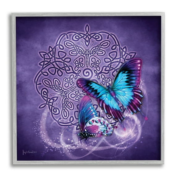 Stupell Industries Celtic Purple Butterflies Animals & Insects Painting Gray Framed Art Print Wall Art, 12 x 12