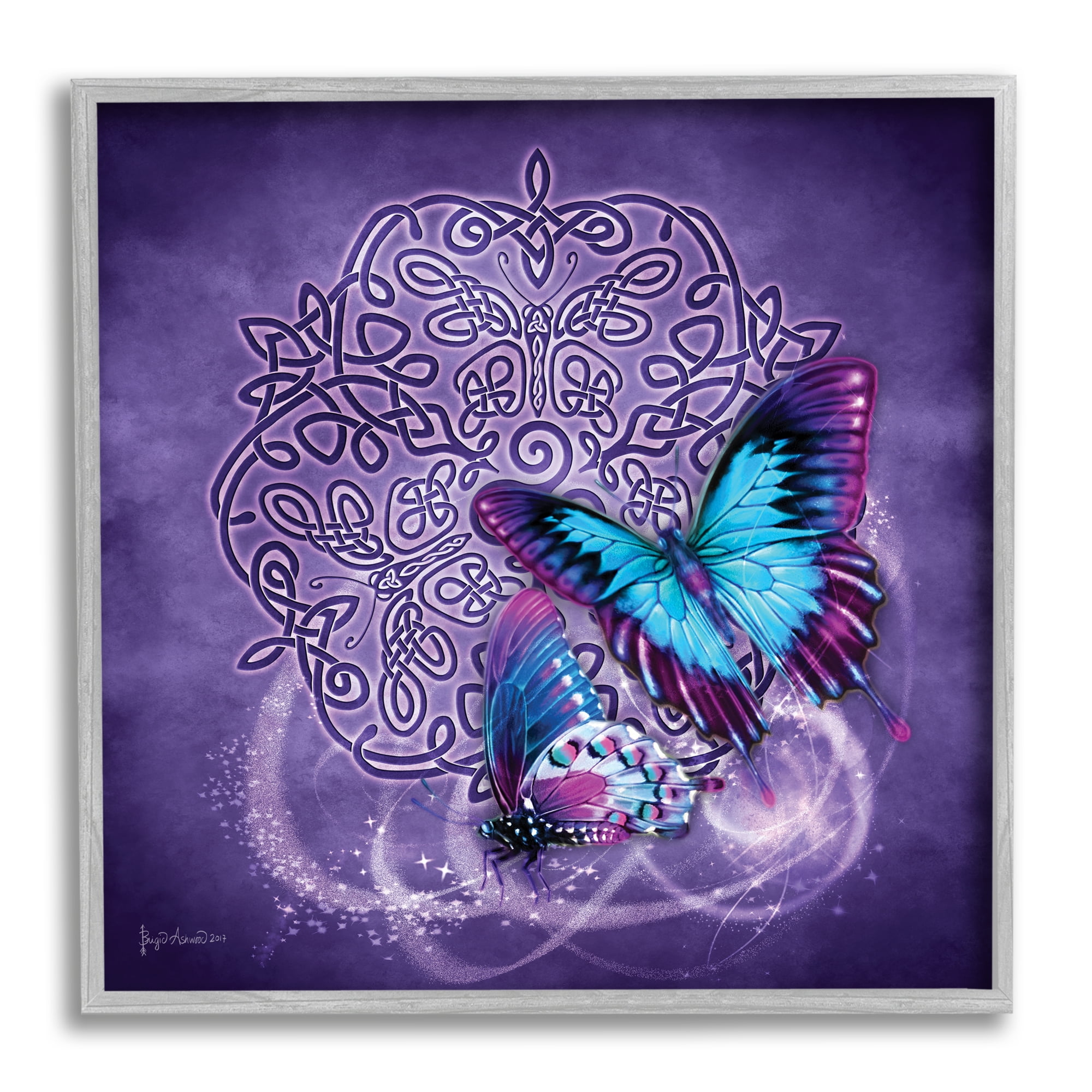 Stupell Industries Celtic Purple Butterflies Animals & Insects Painting Gray Framed Art Print Wall Art, 24 x 24