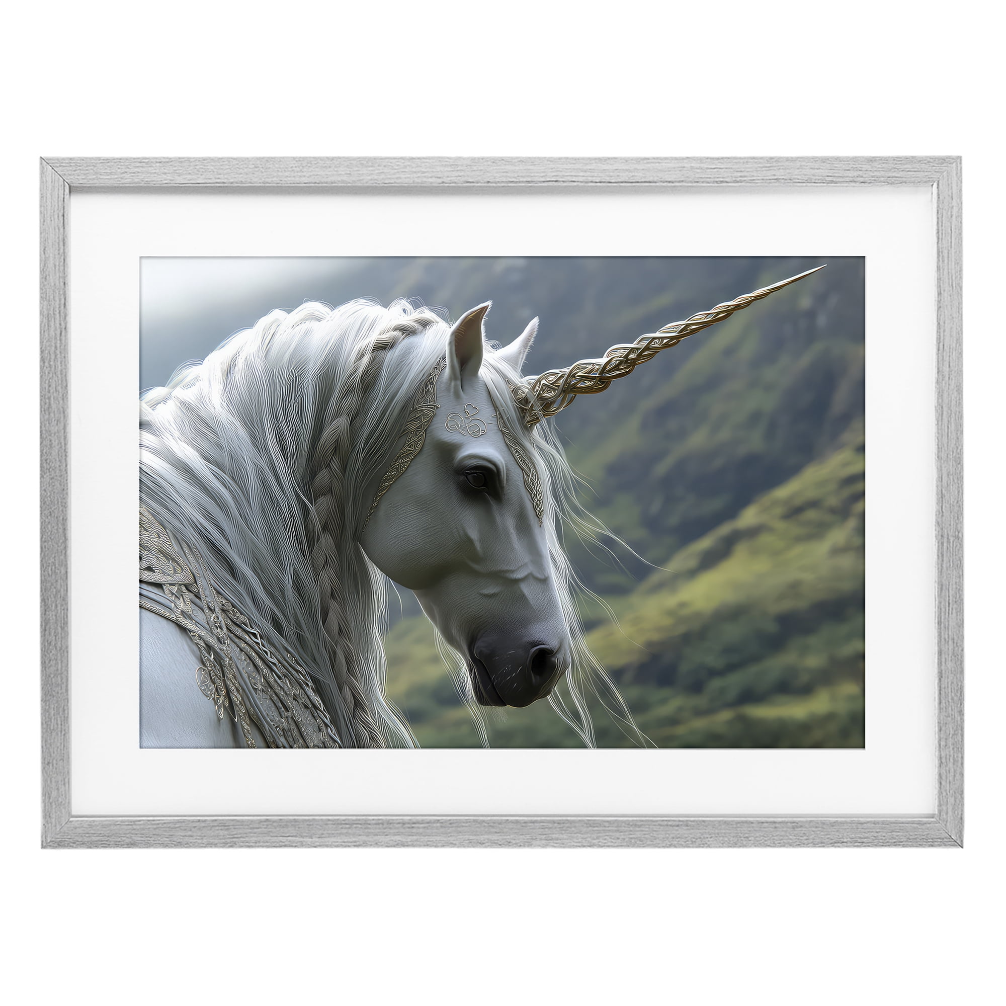 Stupell Industries Celtic Unicorn Braided Mane Gray Framed Print Under Glass, design by The Wands Want