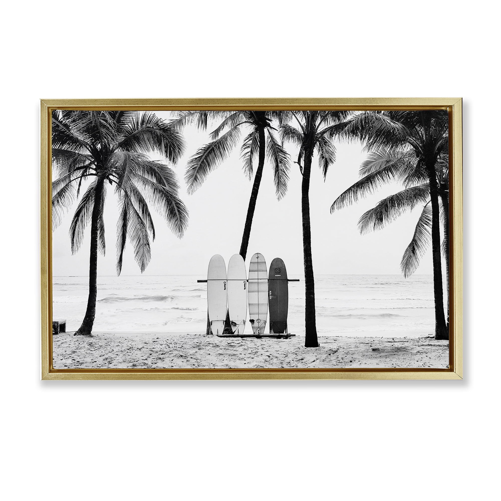 Stupell Industries Centered Surf Boards View Nautical & Beach Photography Gold Floater Framed Canvas Art Print Wall Art, 25 x 17