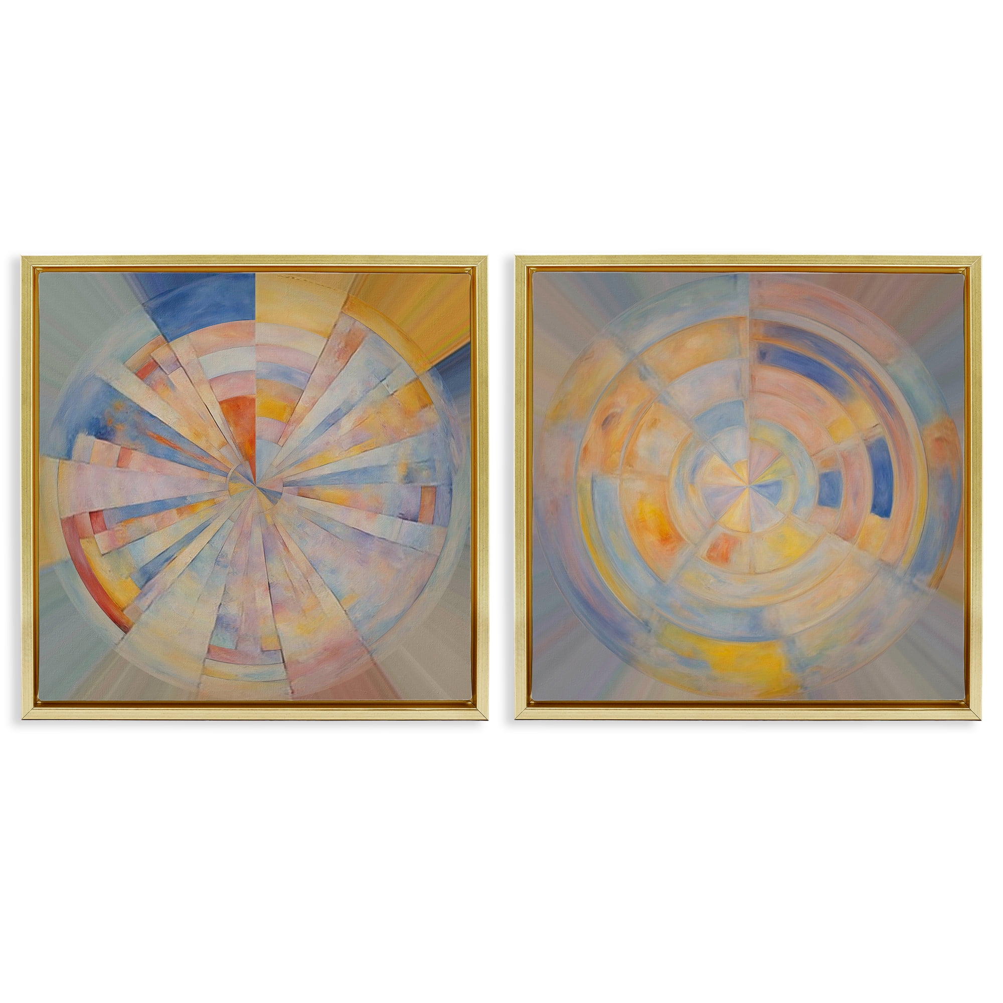 Stupell Industries Centric Circle Geometrics Abstract Painting Gold Floater Framed Canvas Art Print Wall Art, 18 x 18, Set of 2