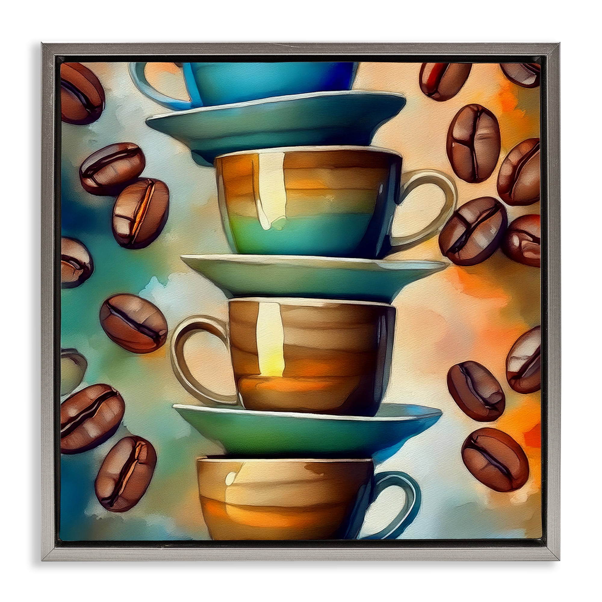 Stupell Industries Ceramic Teacups & Coffee Food & Beverage Painting Gray Floater Framed Canvas Art Print Wall Art, 18 x 18