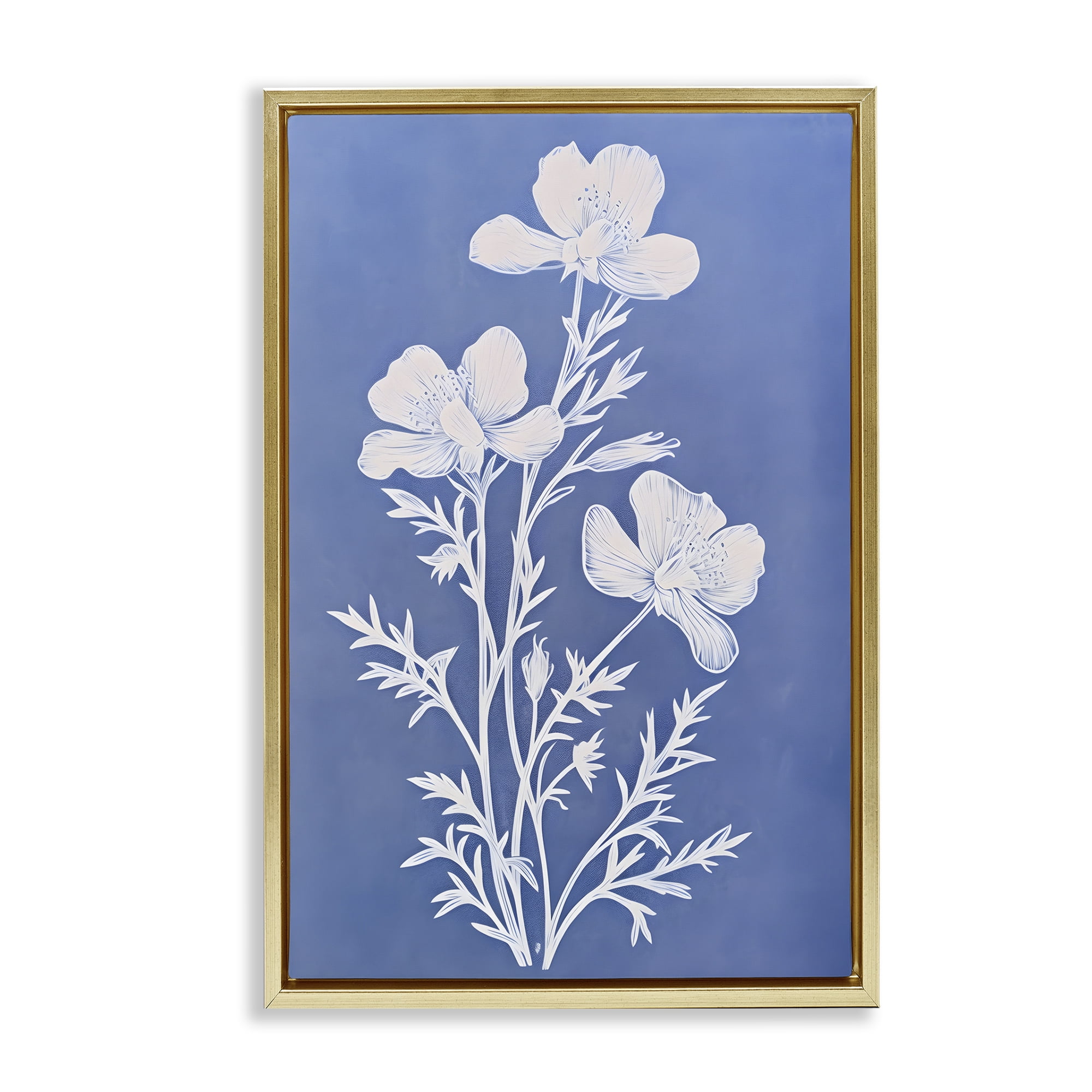 Stupell Industries Cerulean Blue Blooms Botanical & Floral Painting Gold Floater Framed Art Print Wall Art, 17 x 25
