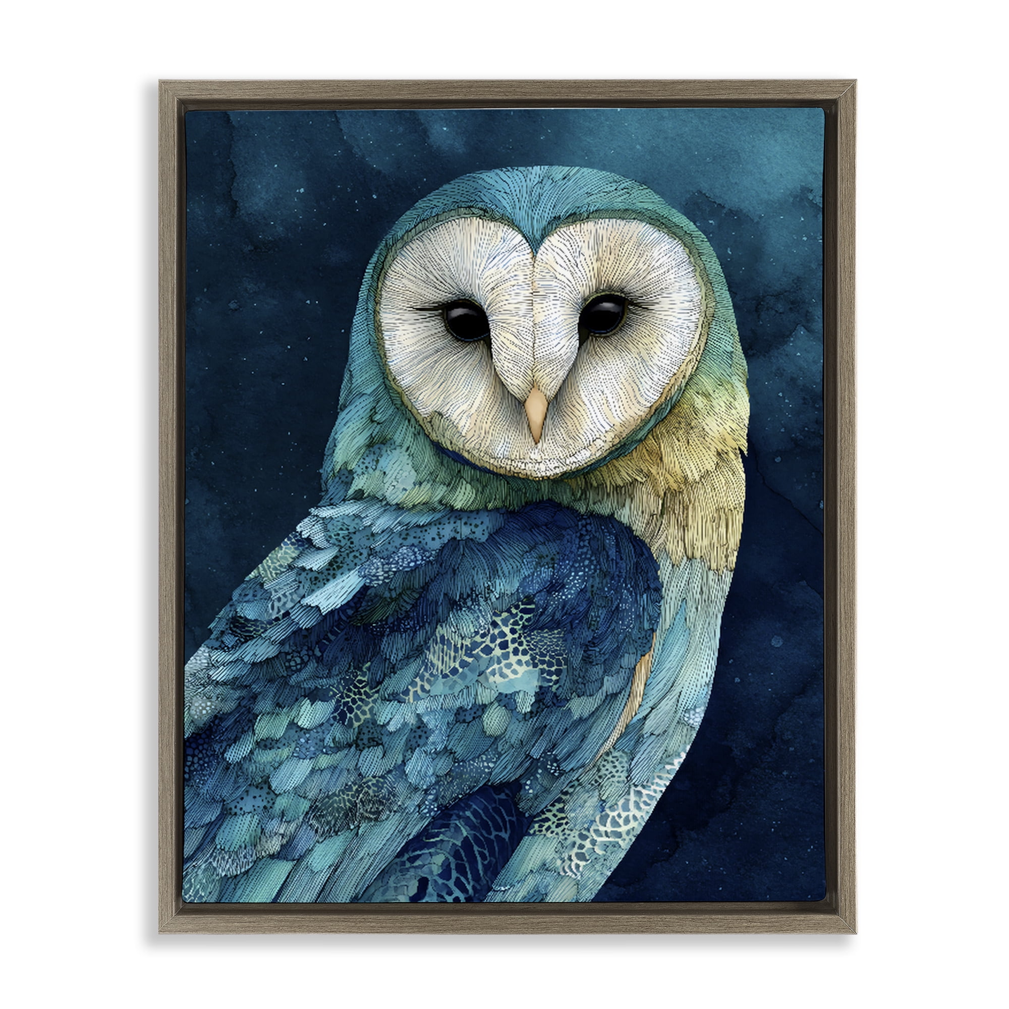 Stupell Industries Cerulean Blue Owl Brown Framed Floater Canvas Wall Art, design by Franklyn Gregory