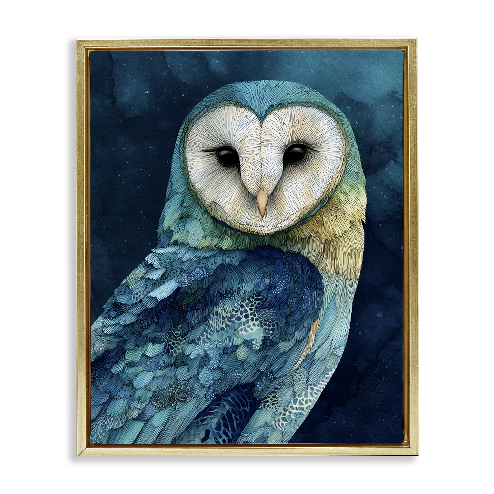 Stupell Industries Cerulean Blue Owl Gold Framed Floater Canvas Wall Art, design by Franklyn Gregory