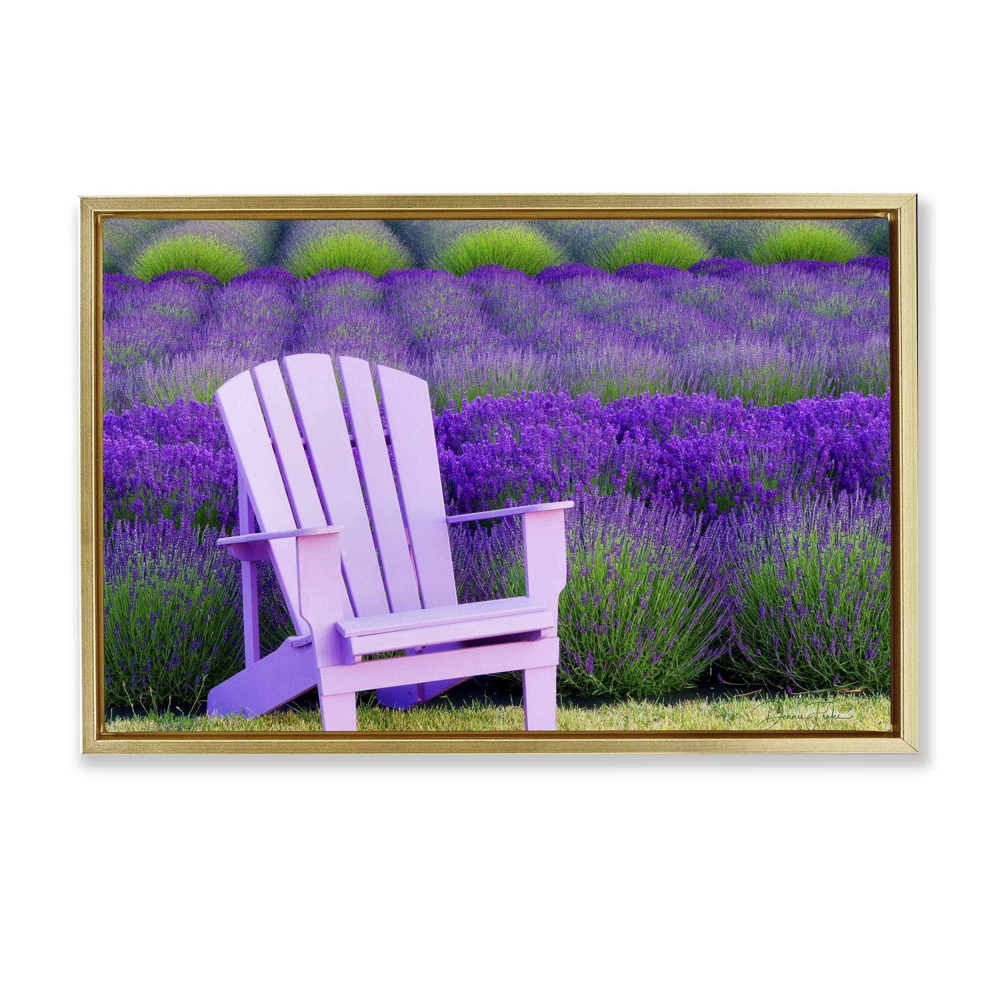 Stupell Industries Chair & Lavender Field Landscape & Nature Painting Gold Floater Framed Canvas Art Print Wall Art, 25 x 17