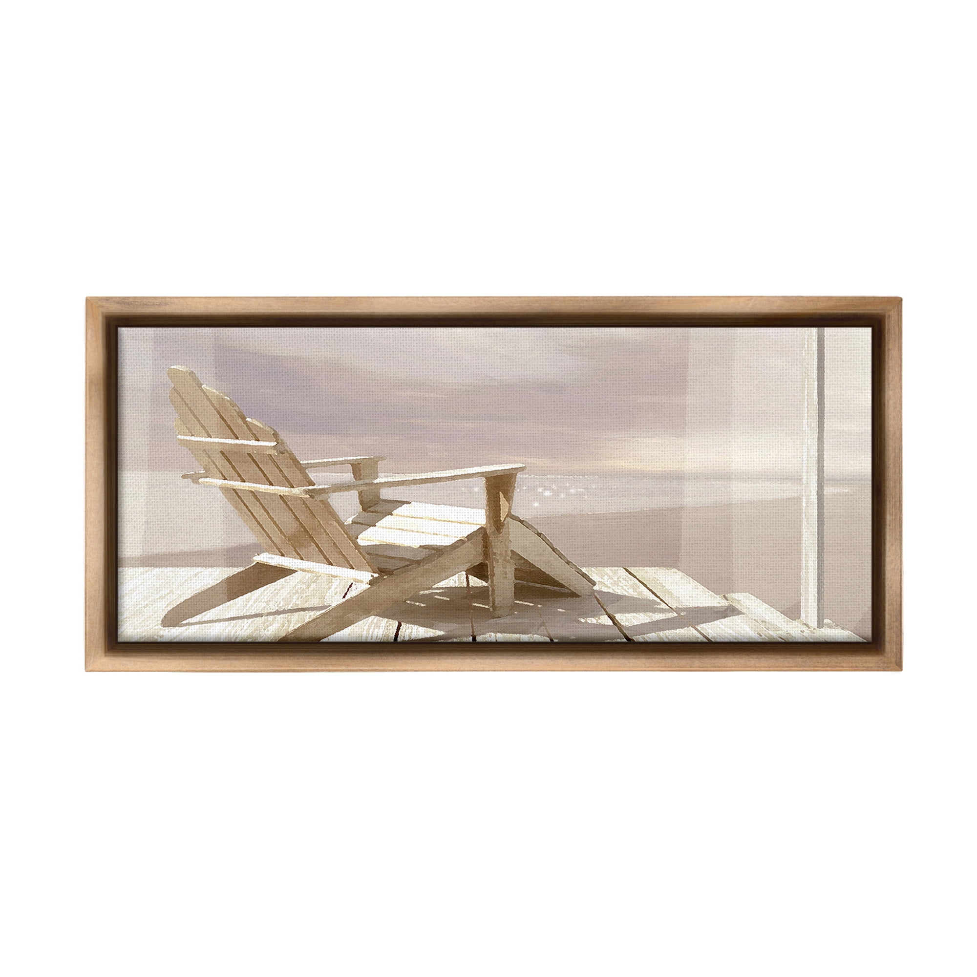Stupell Industries Chair Overlooking Beach Landscape Photography Brown Floater Framed Canvas Art Print Wall Art, 31 x 14