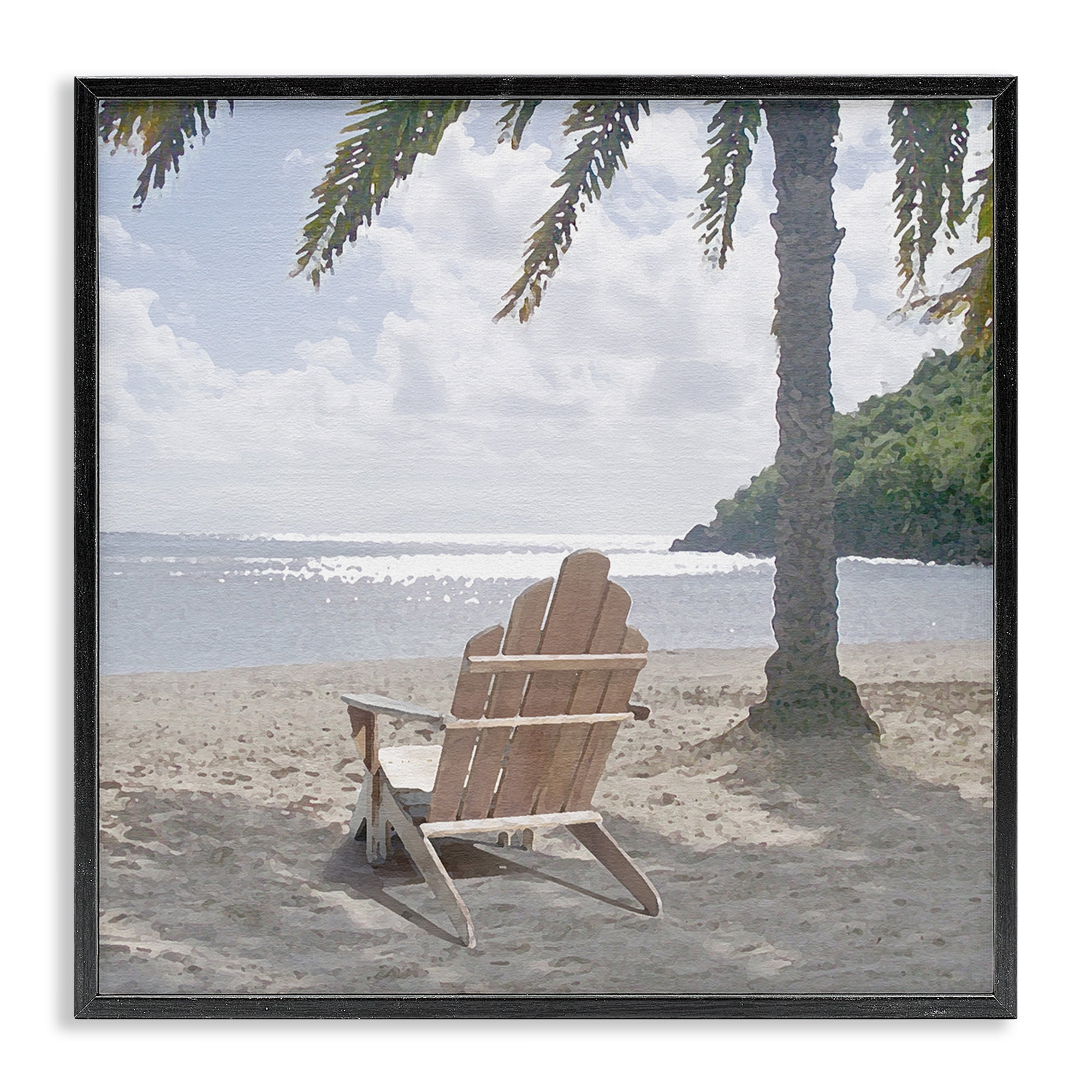 Stupell Industries Chair Under Palm Tree Coastal Photography Black Framed Art Print Wall Art, 17 x 17