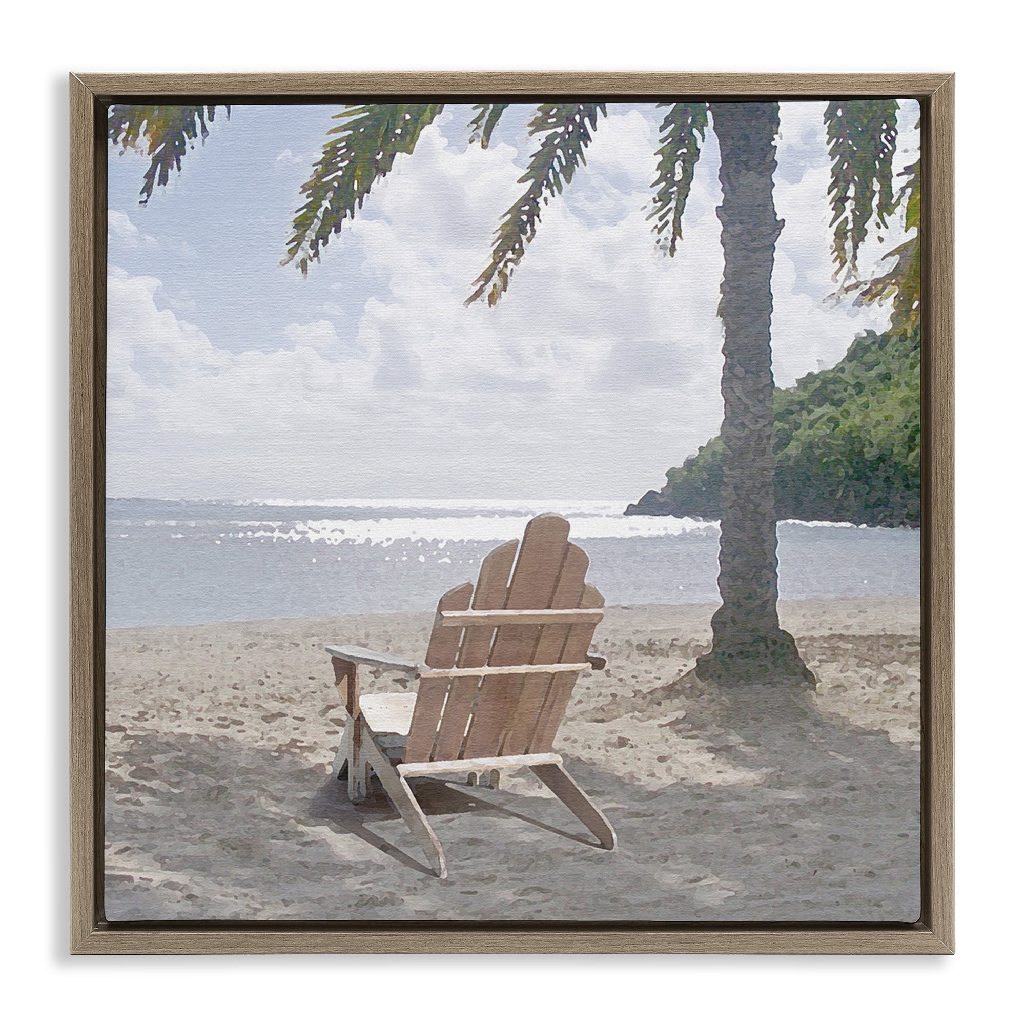 Stupell Industries Chair Under Palm Tree Coastal Photography Brown Floater Framed Canvas Art Print Wall Art, 18 x 18