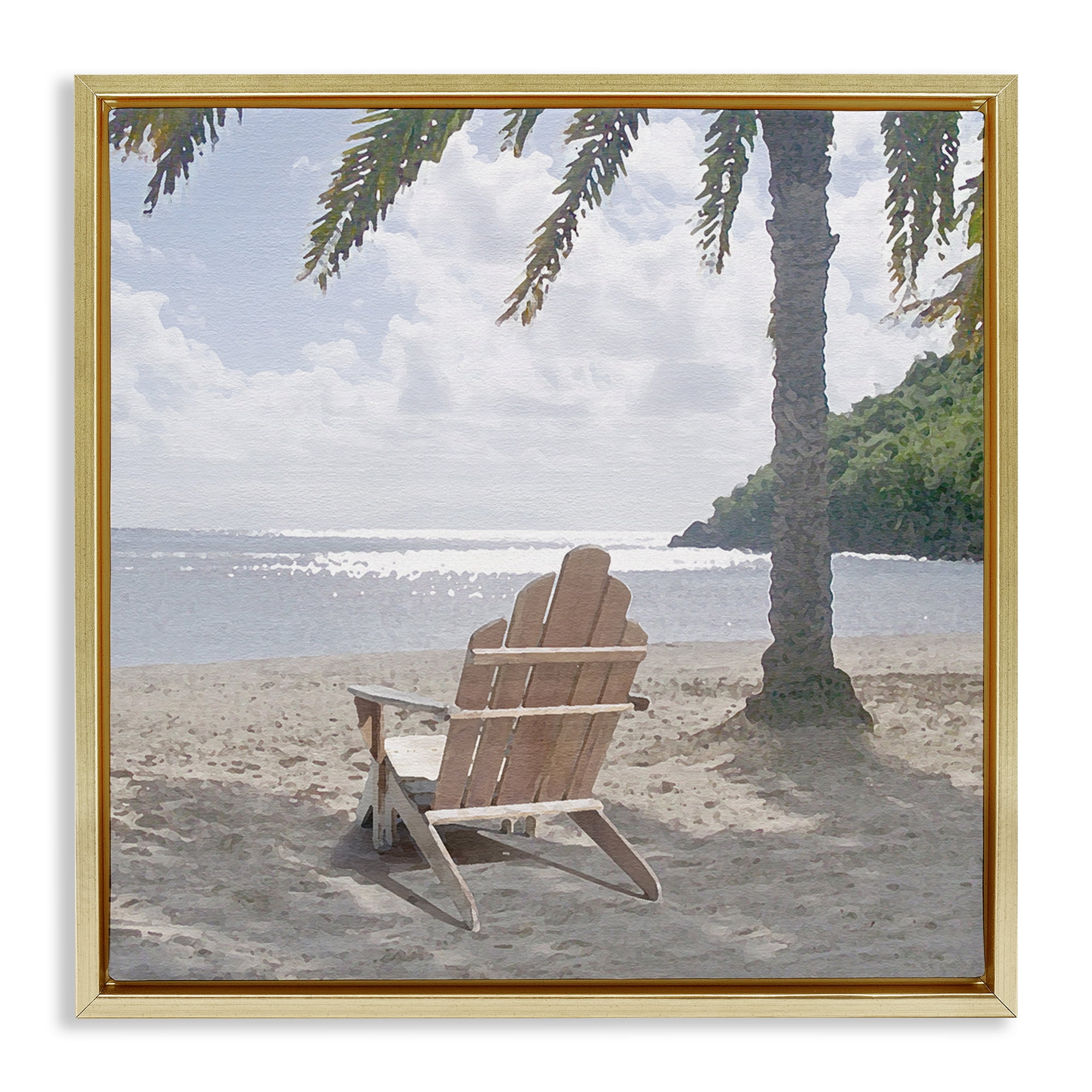 Stupell Industries Chair Under Palm Tree Coastal Photography Gold Floater Framed Canvas Art Print Wall Art, 25 x 25