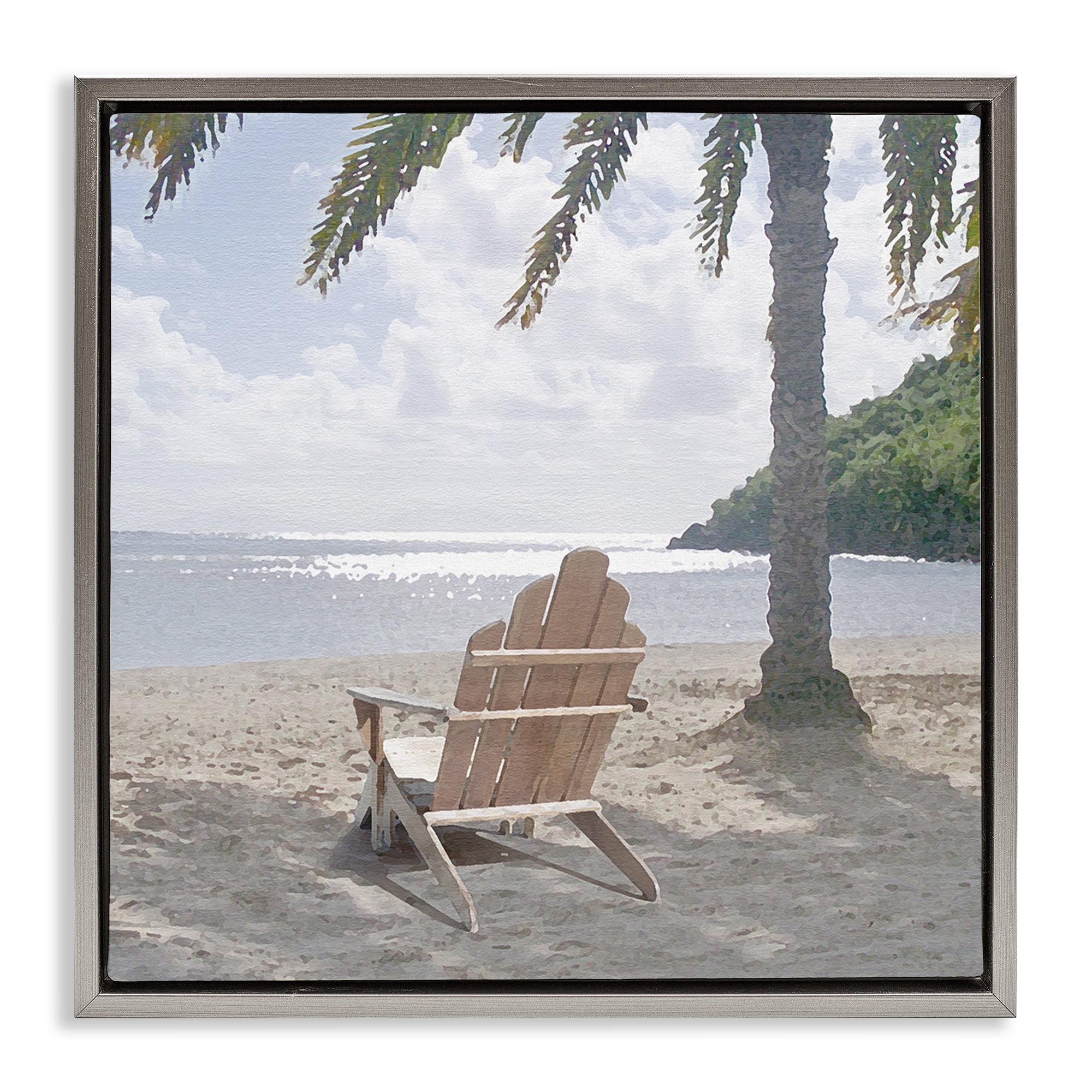 Stupell Industries Chair Under Palm Tree Coastal Photography Gray Floater Framed Canvas Art Print Wall Art, 25 x 25