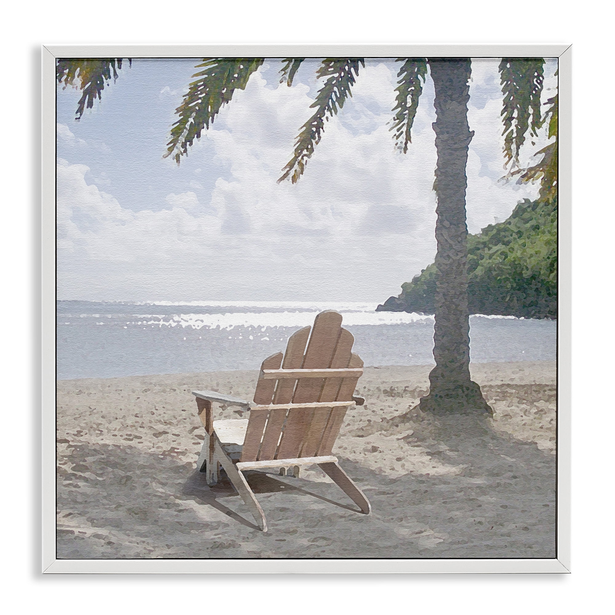Stupell Industries Chair Under Palm Tree Coastal Photography White Framed Art Print Wall Art, 17 x 17