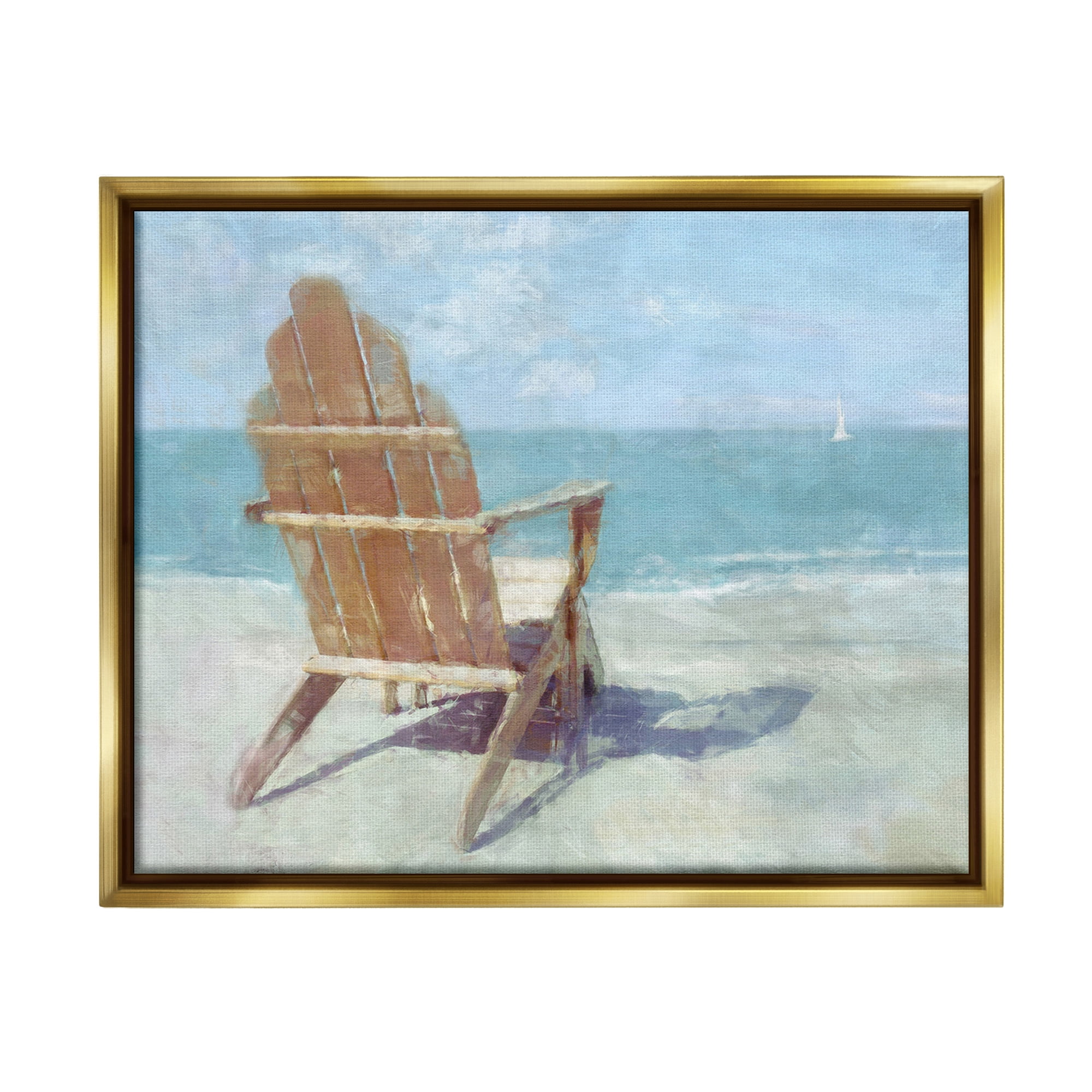 Stupell Industries Chair with Sailboat View Landscape Painting Gold Floater Framed Canvas Art Print Wall Art, 31 x 25