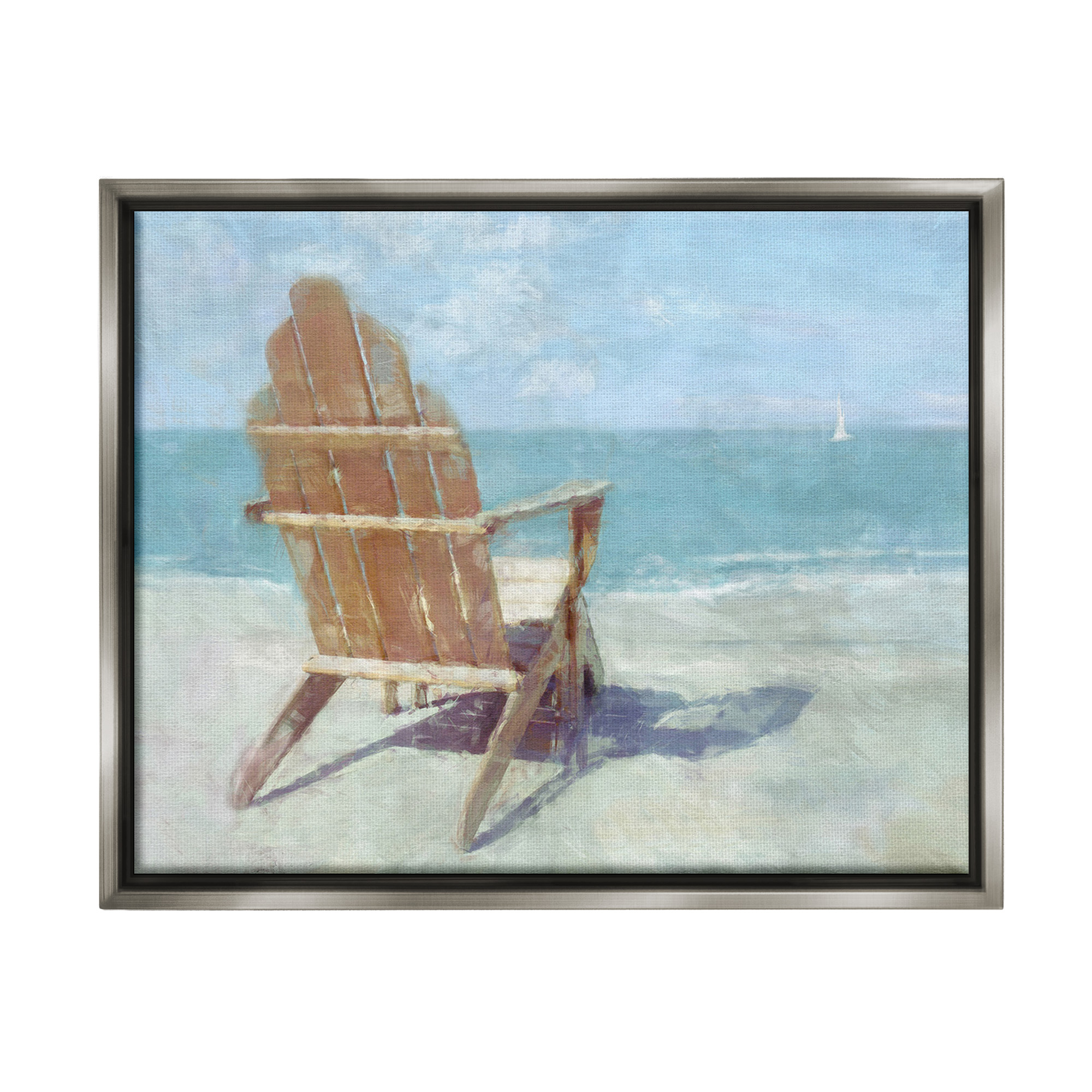 Stupell Industries Chair with Sailboat View Landscape Painting Gray Floater Framed Canvas Art Print Wall Art, 21 x 17