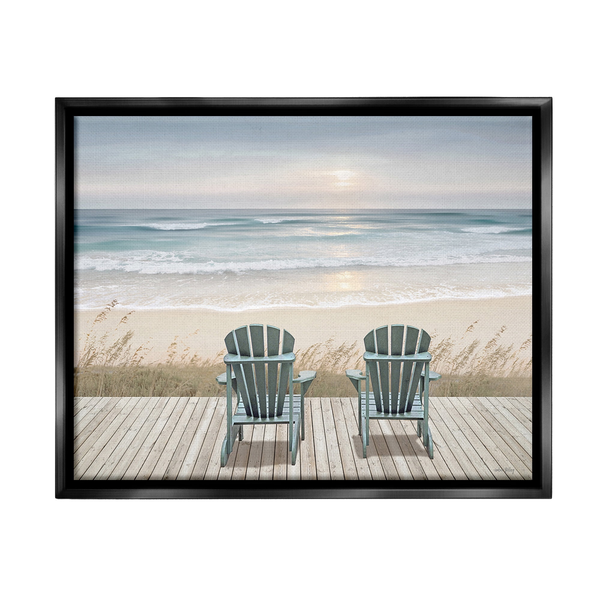Stupell Industries Chairs with Beach Sunrise Landscape Painting Black Floater Framed Canvas Art Print Wall Art, 31 x 25