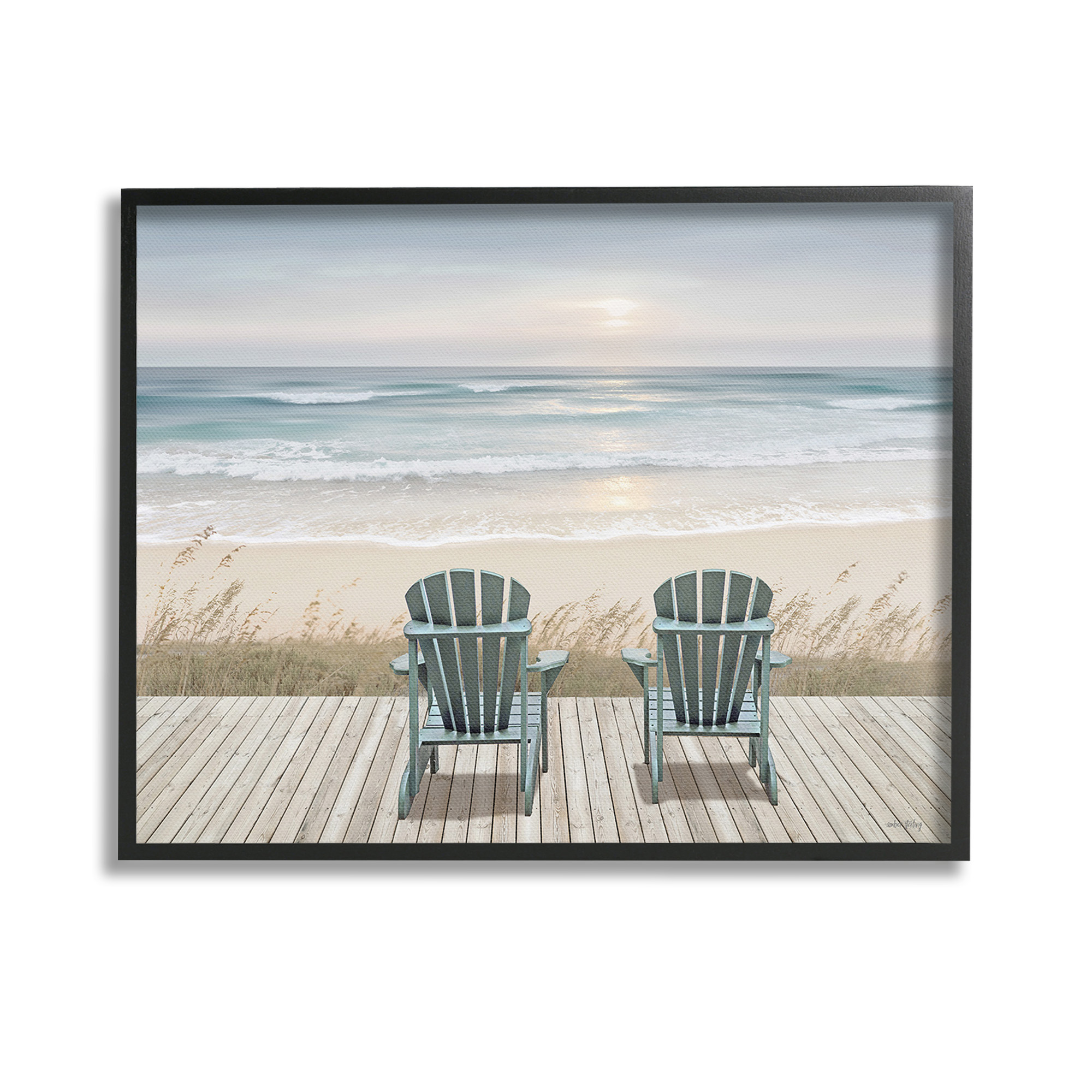 Stupell Industries Chairs with Beach Sunrise Landscape Painting Black Framed Art Print Wall Art, 14 x 11