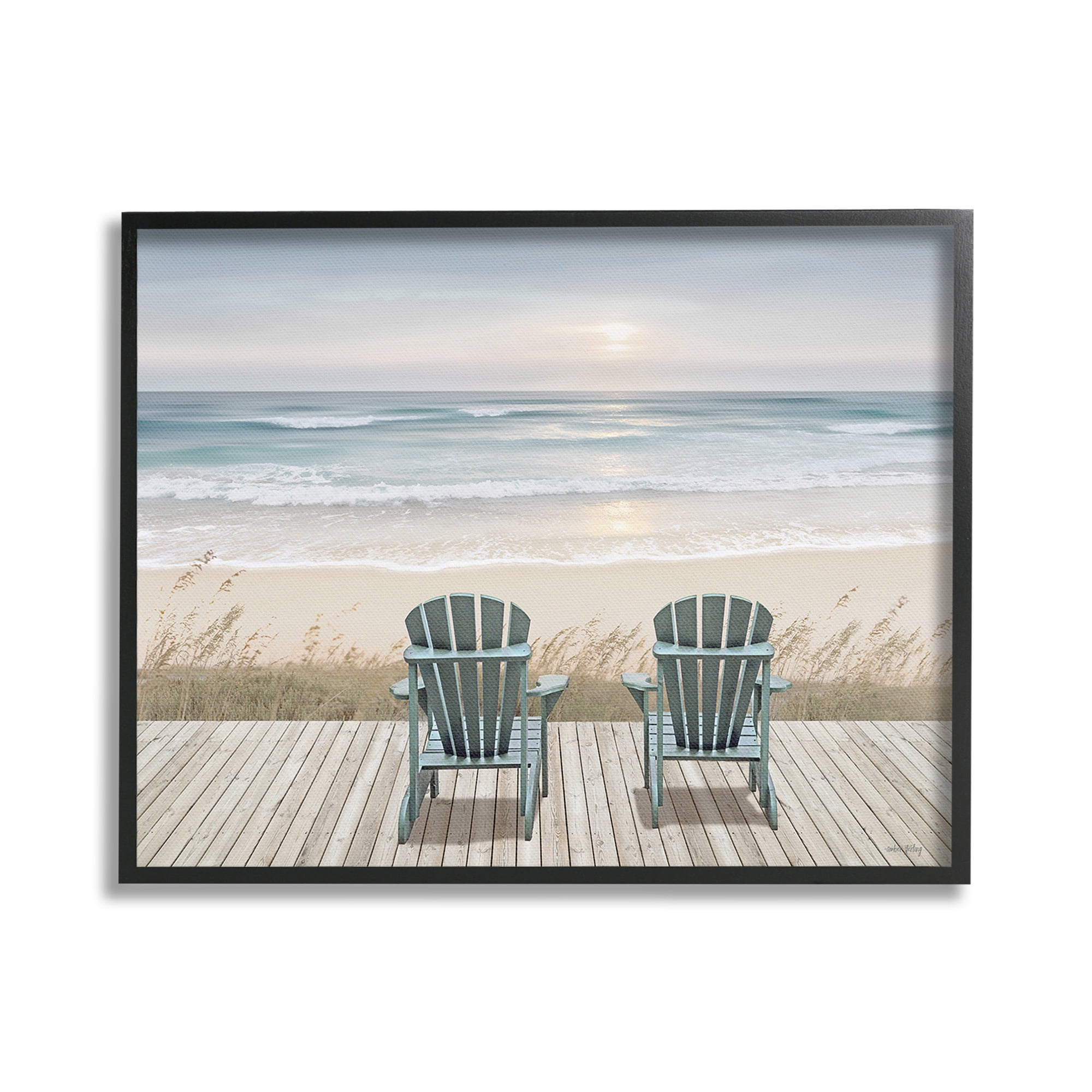 Stupell Industries Chairs with Beach Sunrise Landscape Painting Black Framed Art Print Wall Art, 30 x 24