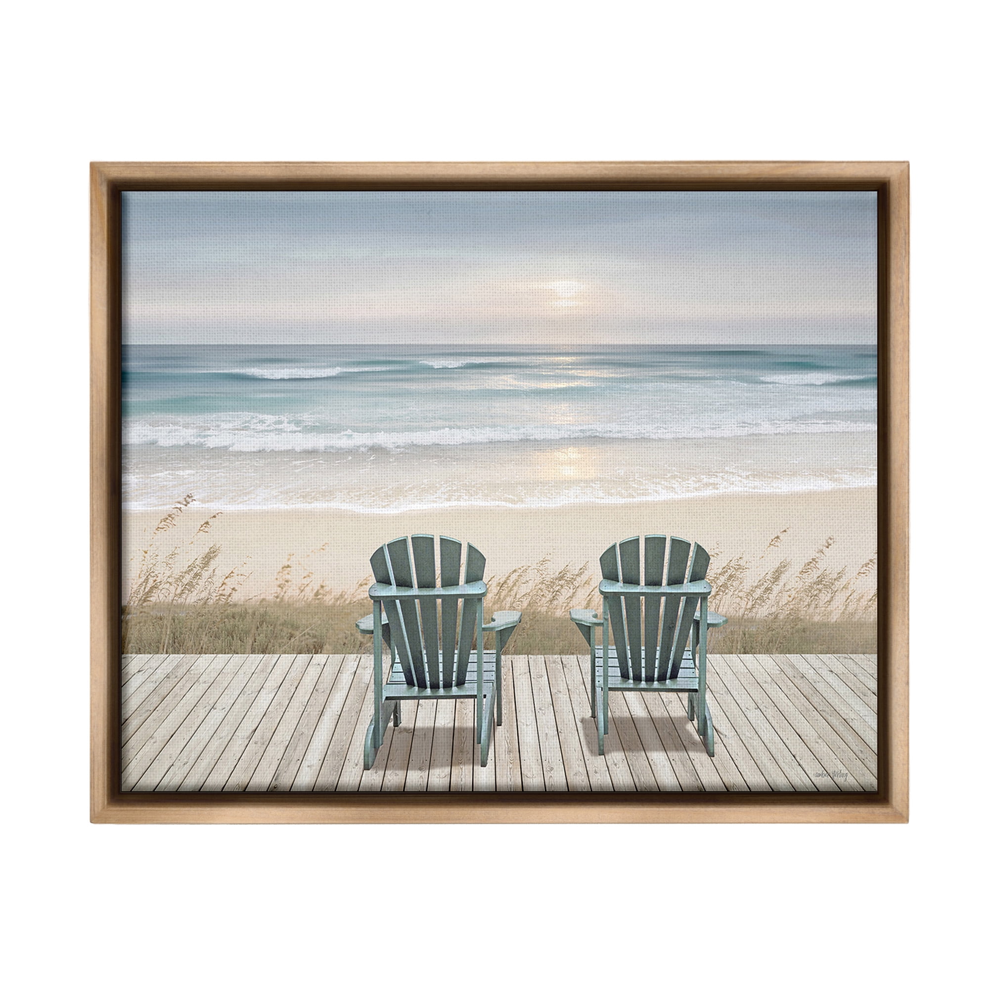 Stupell Industries Chairs with Beach Sunrise Landscape Painting Brown Floater Framed Canvas Art Print Wall Art, 21 x 17