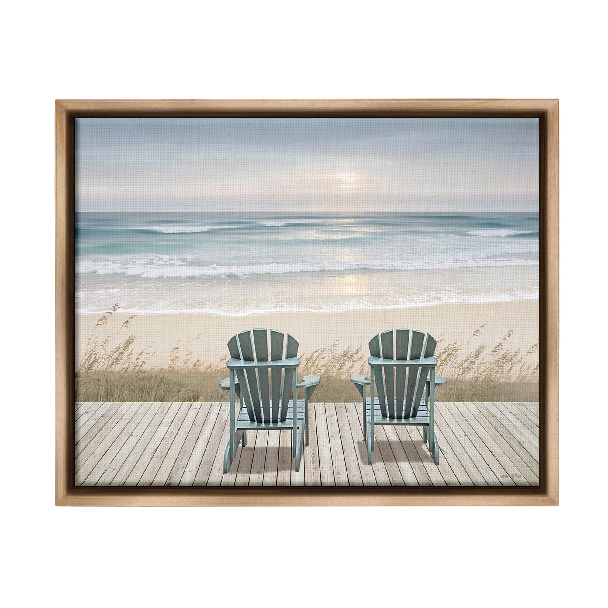 Stupell Industries Chairs with Beach Sunrise Landscape Painting Brown Floater Framed Canvas Art Print Wall Art, 31 x 25