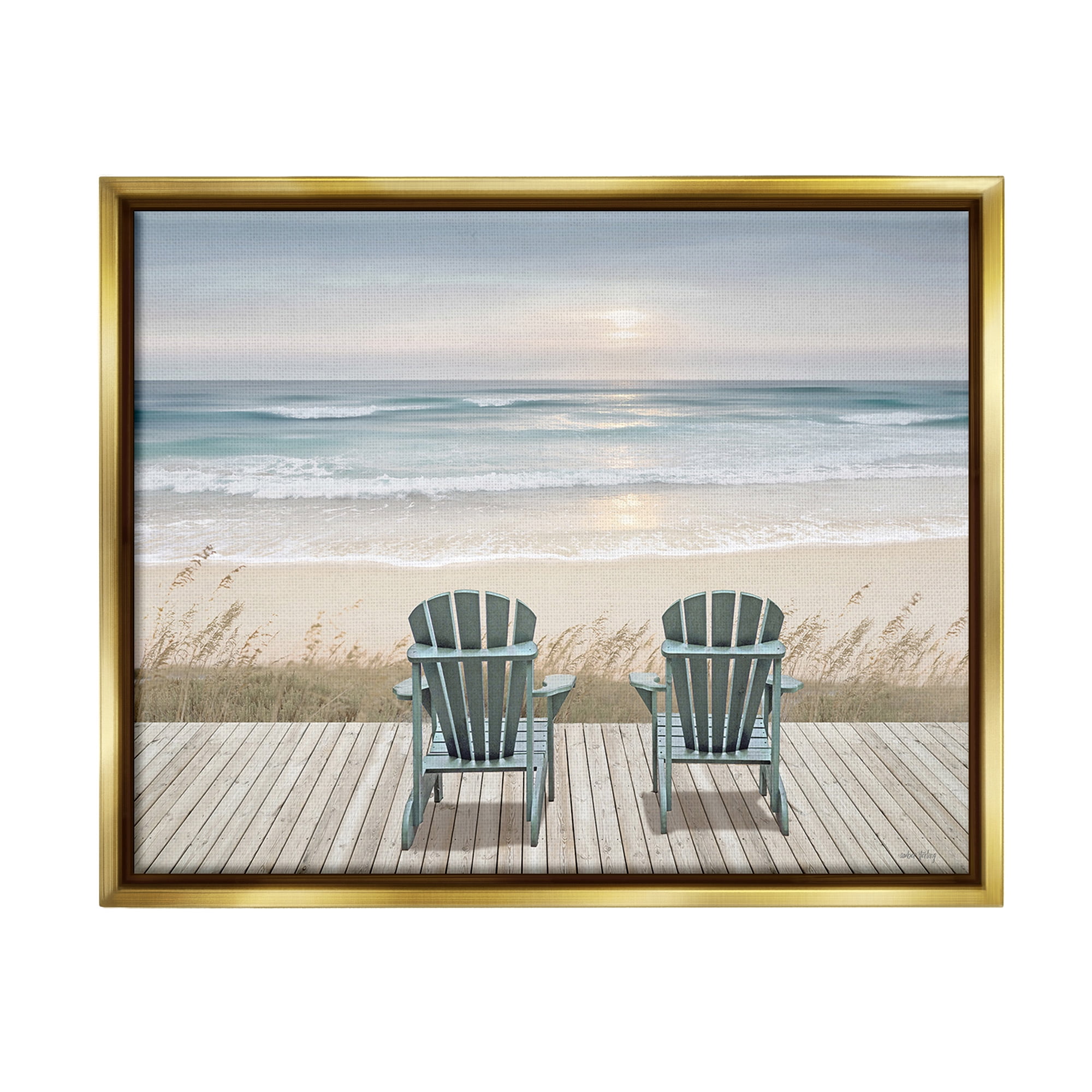 Stupell Industries Chairs with Beach Sunrise Landscape Painting Gold Floater Framed Canvas Art Print Wall Art, 21 x 17