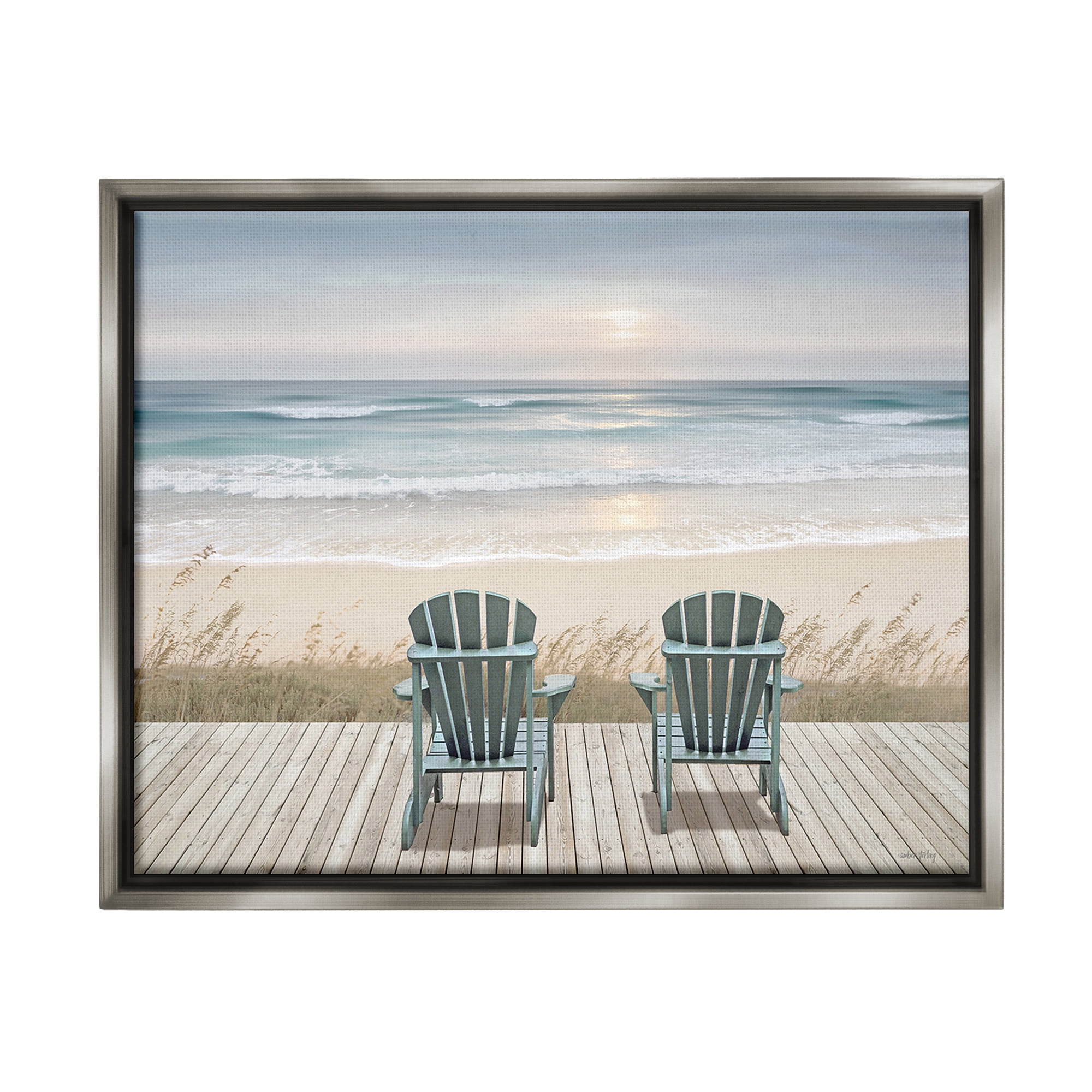 Stupell Industries Chairs with Beach Sunrise Landscape Painting Gray Floater Framed Canvas Art Print Wall Art, 21 x 17