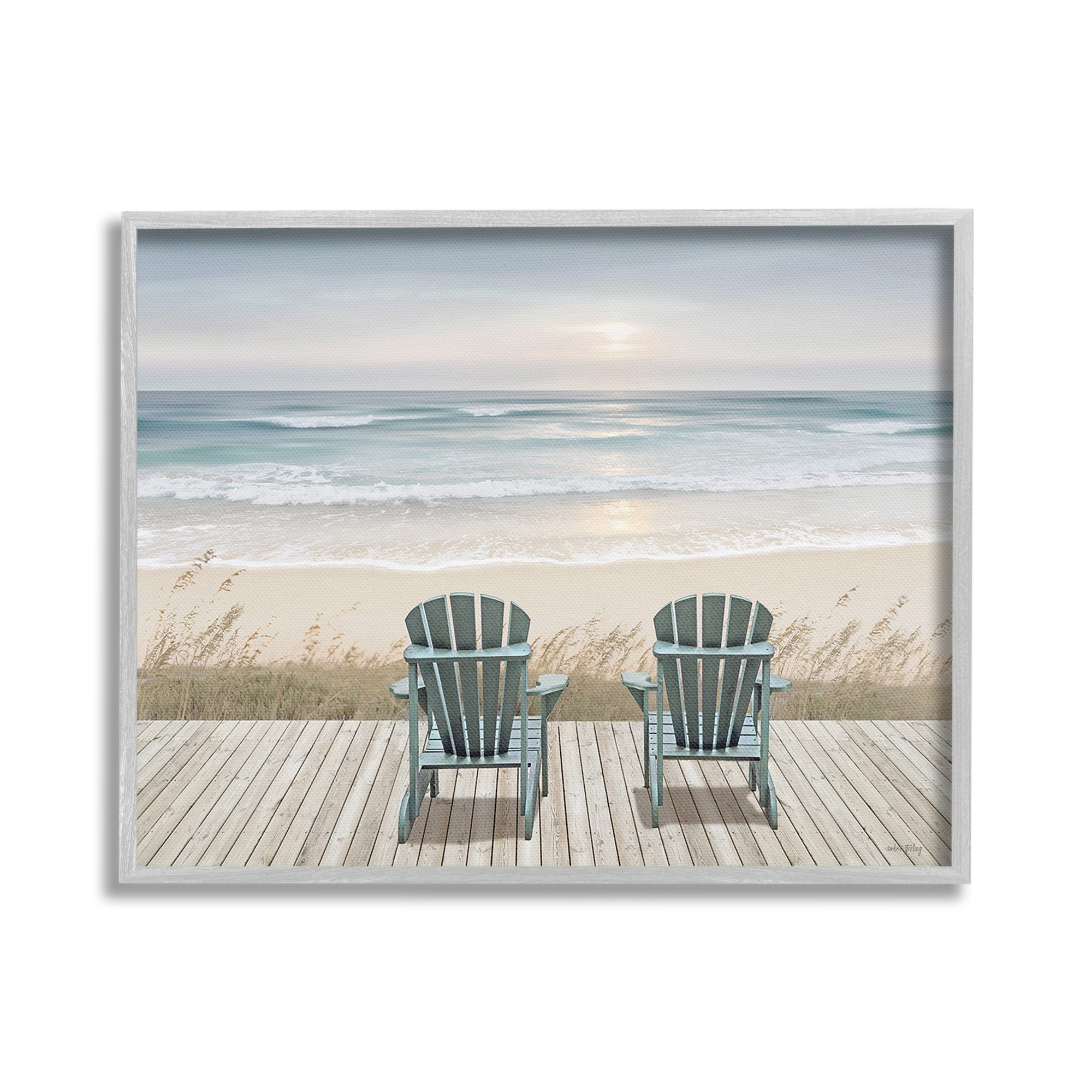 Stupell Industries Chairs with Beach Sunrise Landscape Painting Gray Framed Art Print Wall Art, 30 x 24