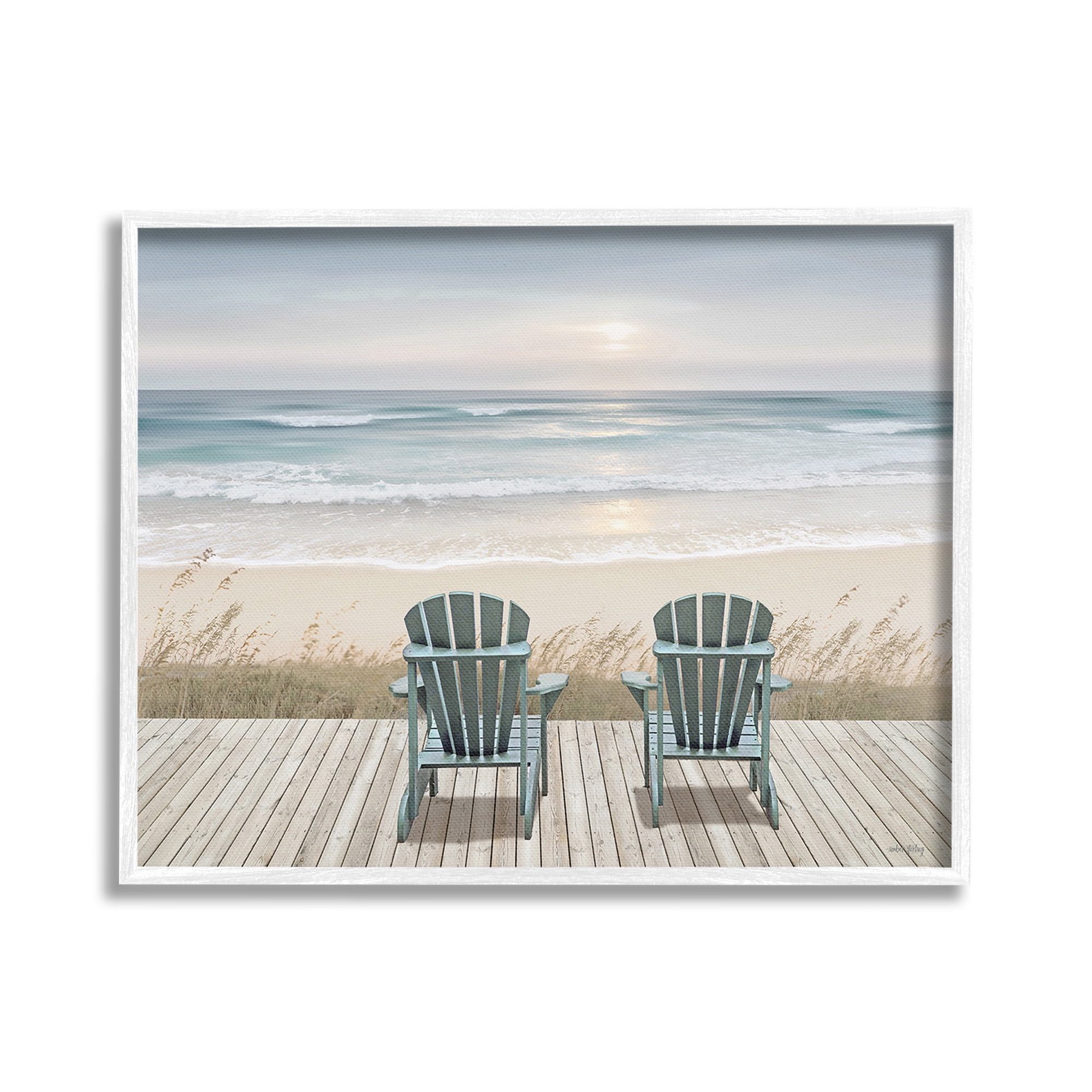 Stupell Industries Chairs with Beach Sunrise Landscape Painting White Framed Art Print Wall Art, 20 x 16