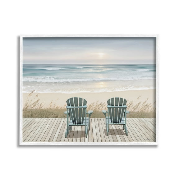 Stupell Industries Chairs with Beach Sunrise Landscape Painting White Framed Art Print Wall Art, 30 x 24
