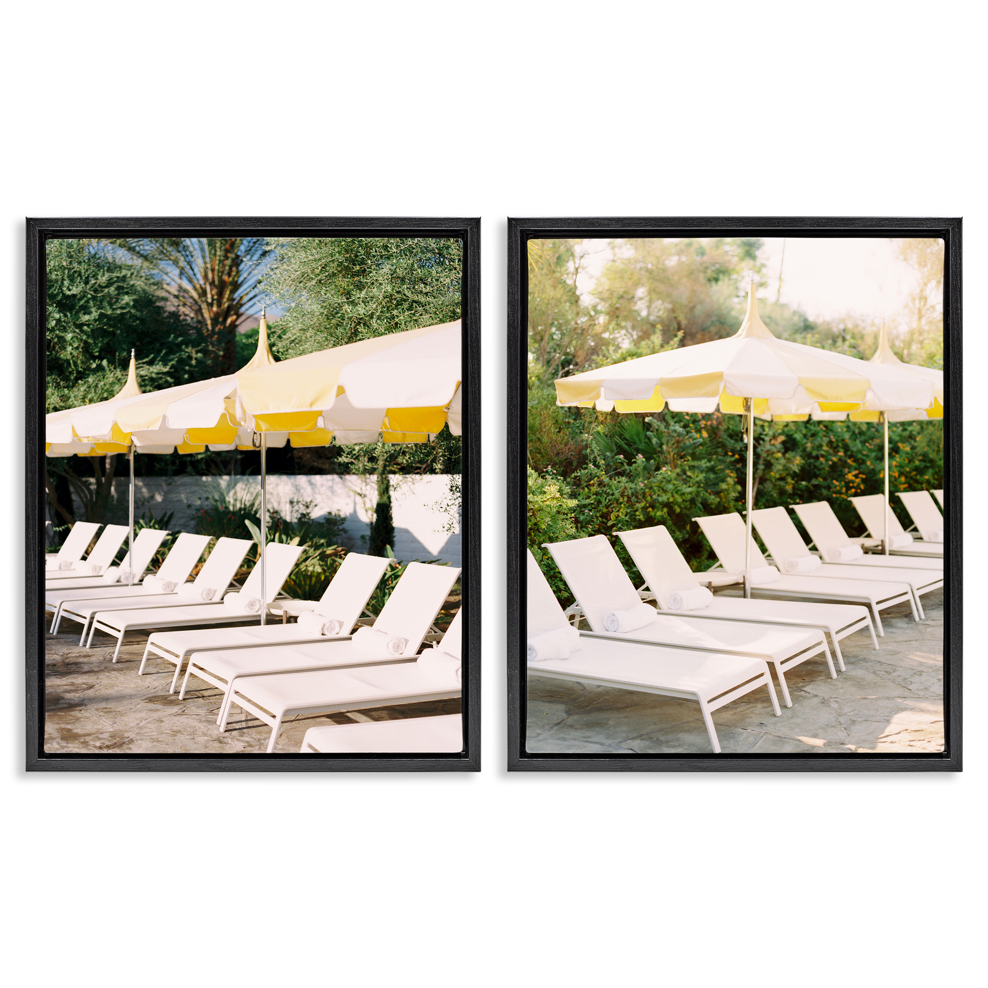 Stupell Industries Chaise Lounges with Umbrellas Nautical & Beach Photography Black Floater Framed Canvas Art Print Wall Art, 31 x 25, Set of 2